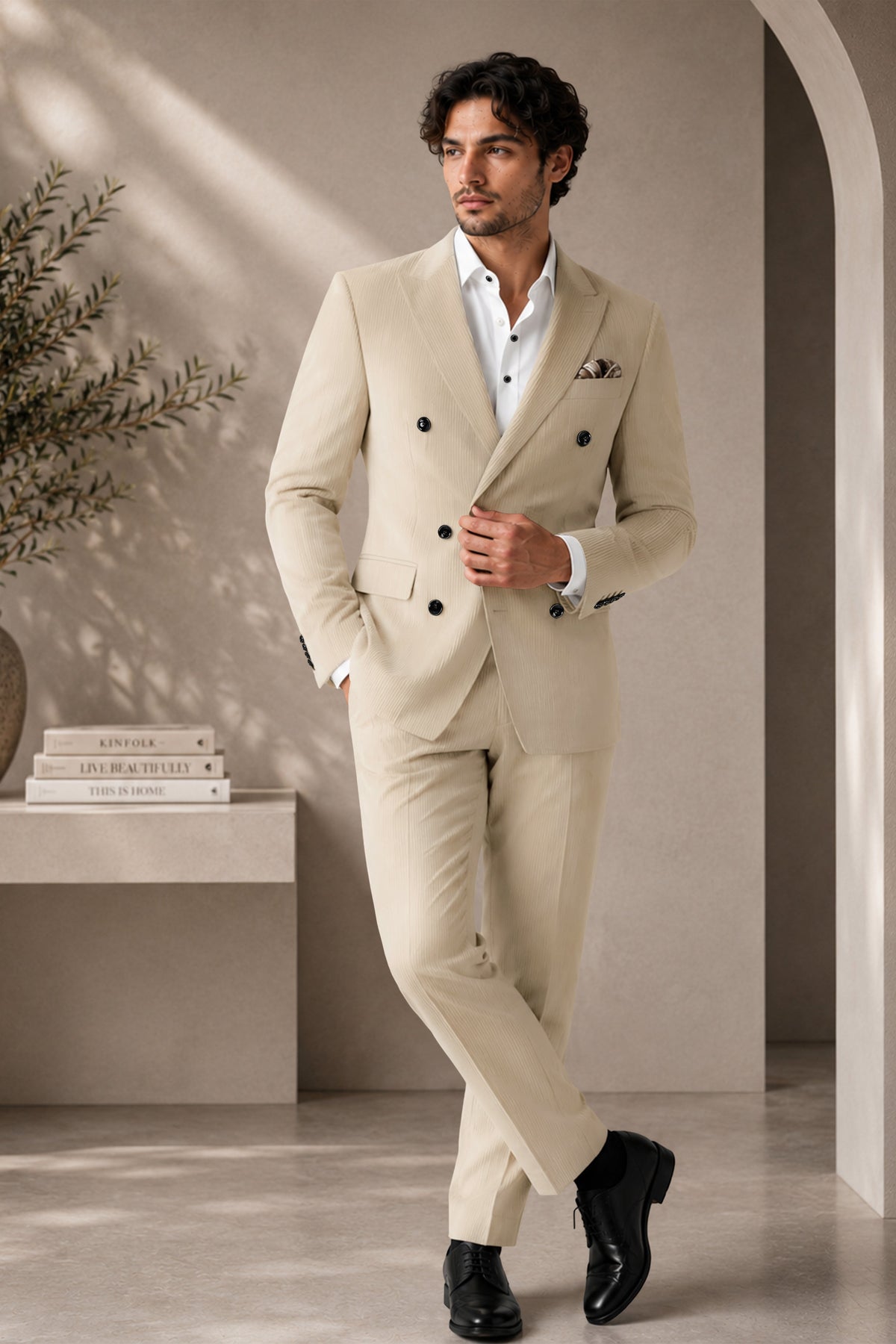 Ivoria-Vanilla Cream Diamond Textured Wool Rich Slight Stretch Double Breasted Blazer