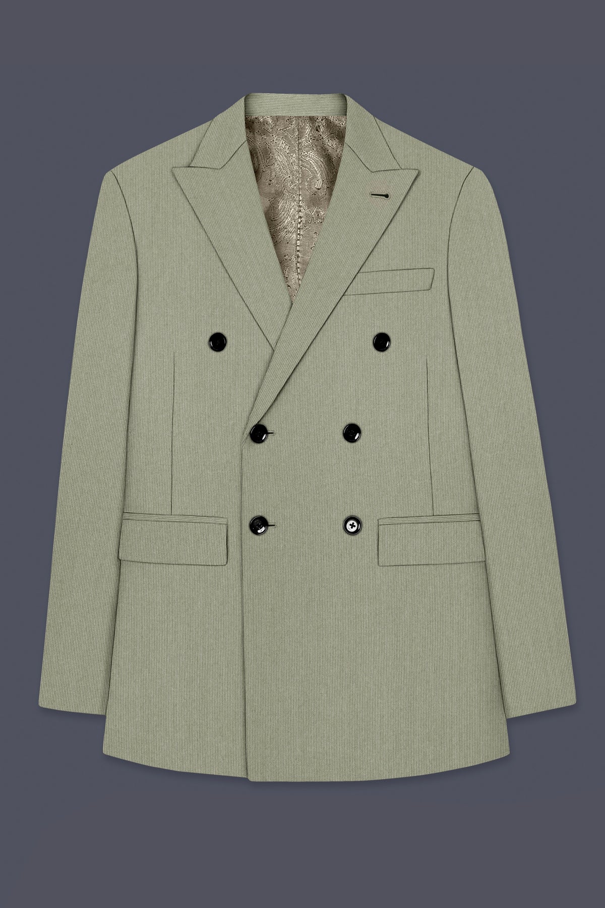 Elysian-Sage Green Diamond Textured Wool Rich Slight Stretch Double Breasted Blazer