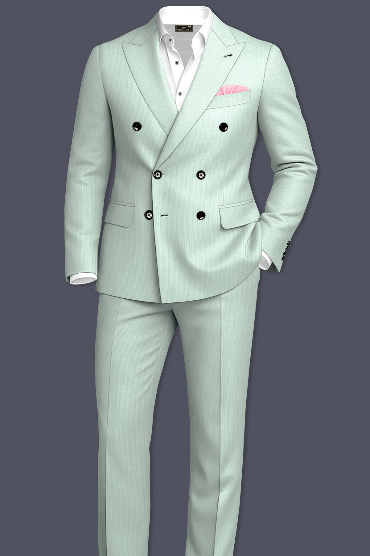 Viridis-Pumice Green Diamond Textured Wool Rich Slight Stretch Double Breasted Blazer
