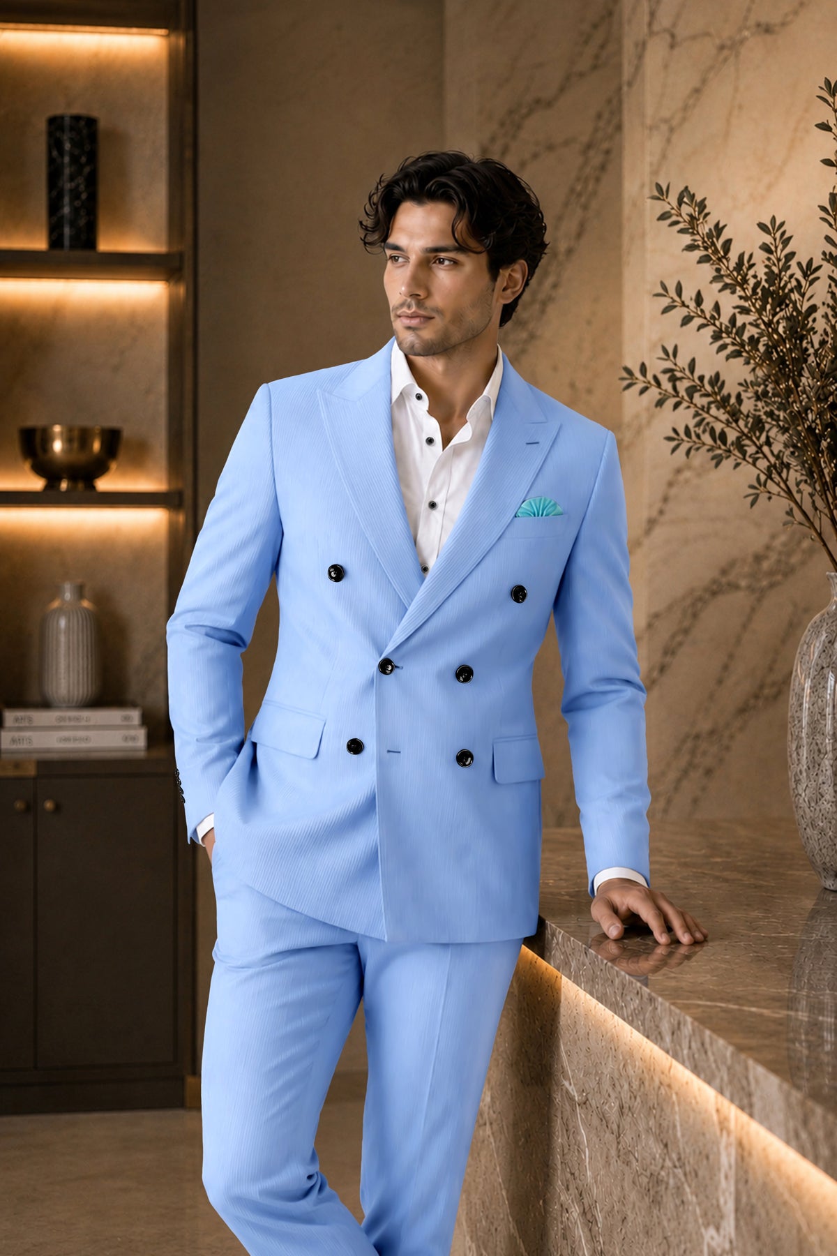 Cobalt-Jordy Blue Diamond Textured Wool Rich Slight Stretch Double Breasted Blazer