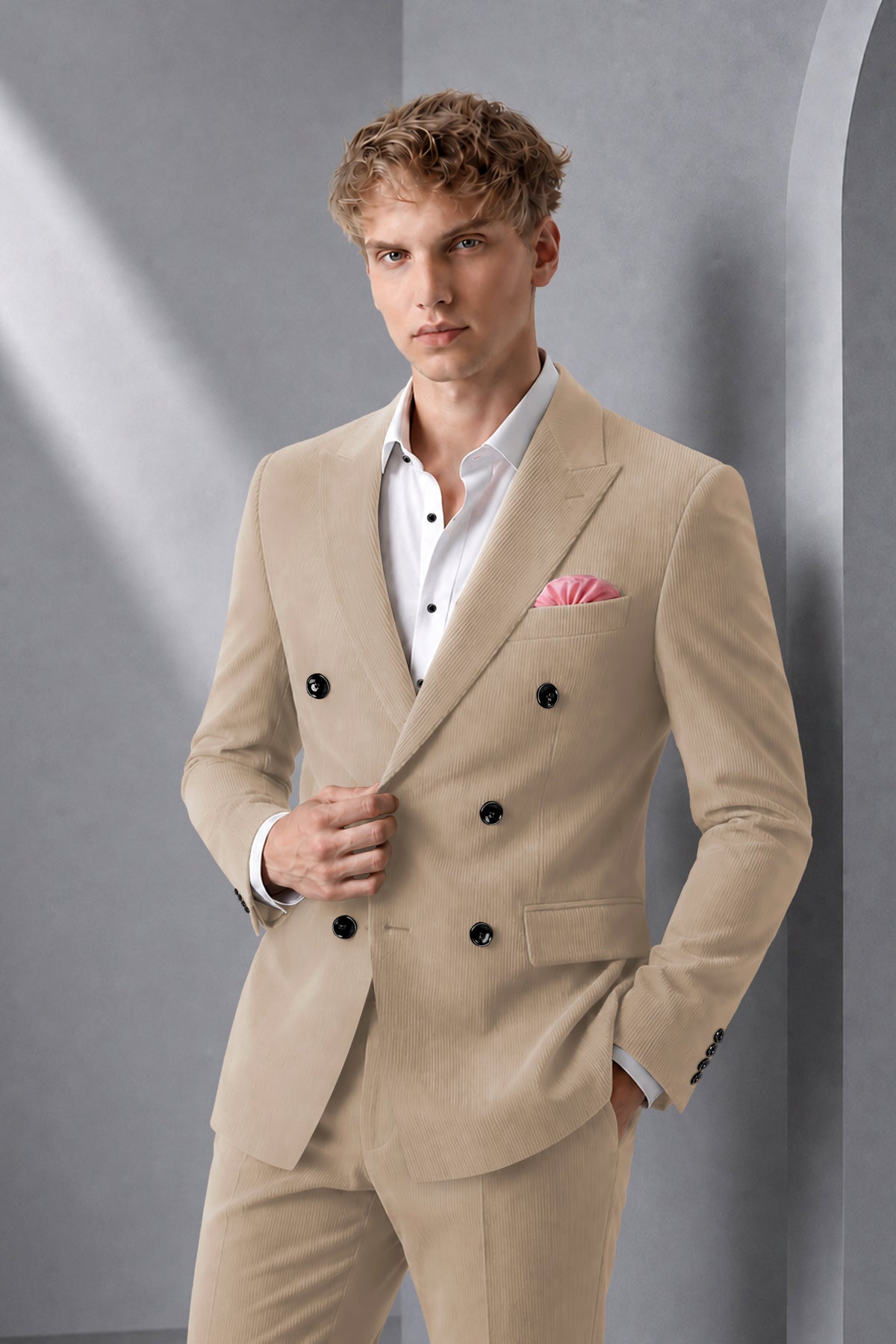 Terran-Sandrift Brown Diamond Textured Wool Rich Slight Stretch Double Breasted Blazer