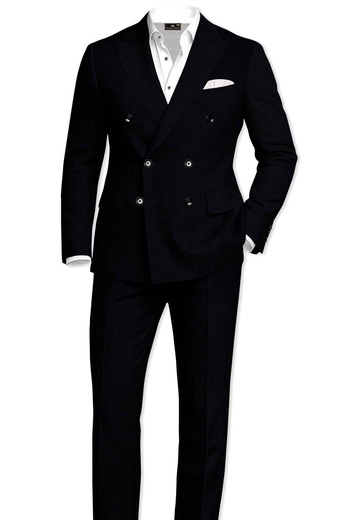 Onyx-Jade Black Diamond Textured Wool Rich Slight Stretch Double Breasted Blazer