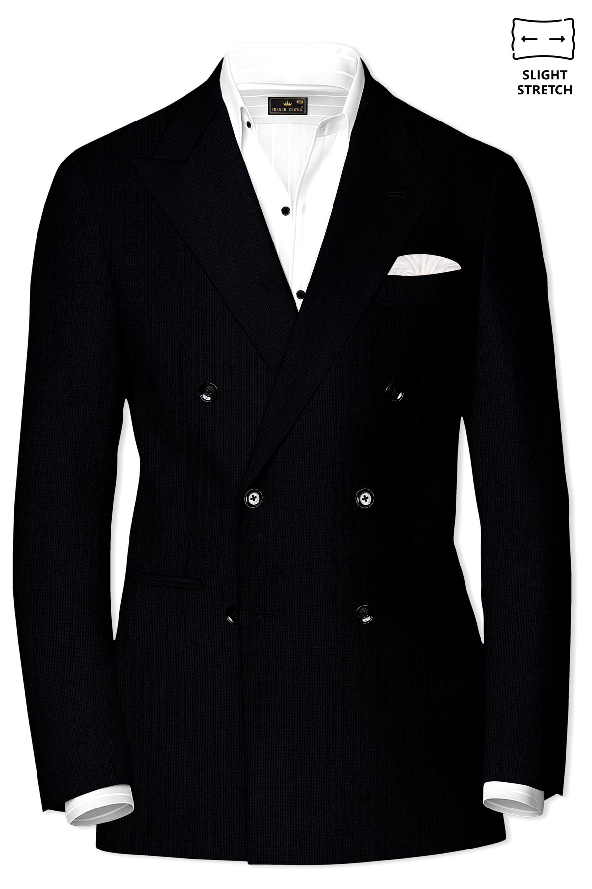 Onyx-Jade Black Diamond Textured Wool Rich Slight Stretch Double Breasted Blazer