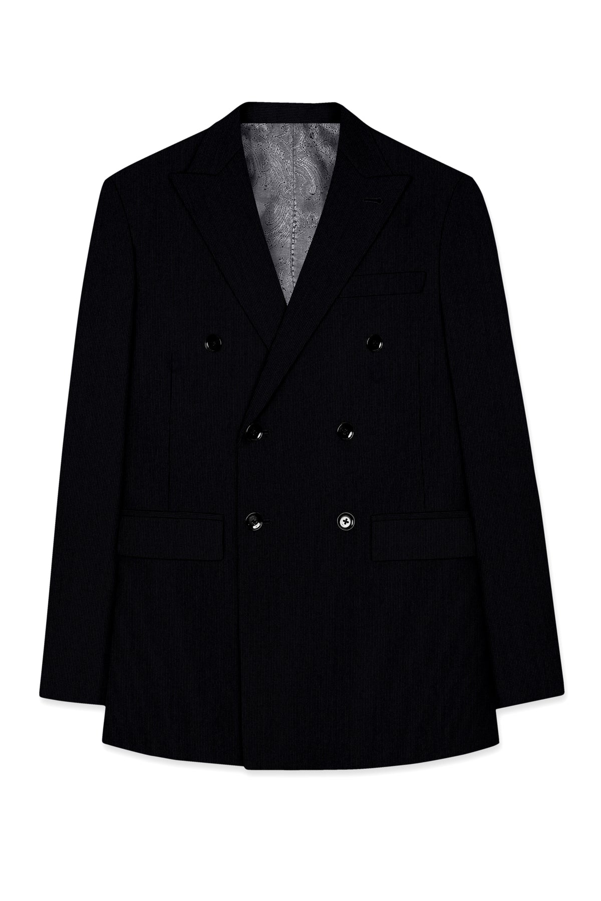 Onyx-Jade Black Diamond Textured Wool Rich Slight Stretch Double Breasted Blazer