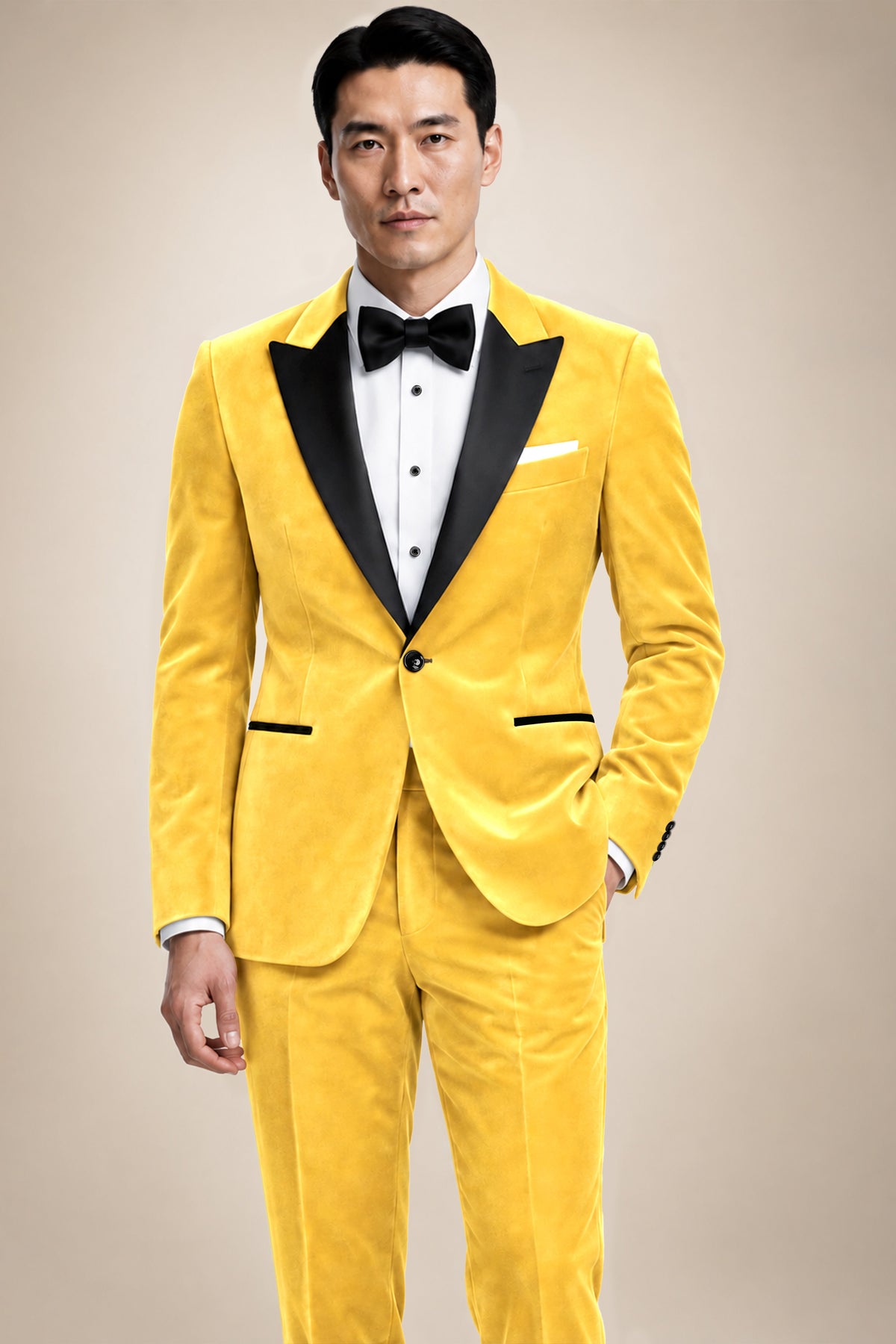 Lustre-Tulip Yellow Velvet Peak Lapel Tuxedo Blazer