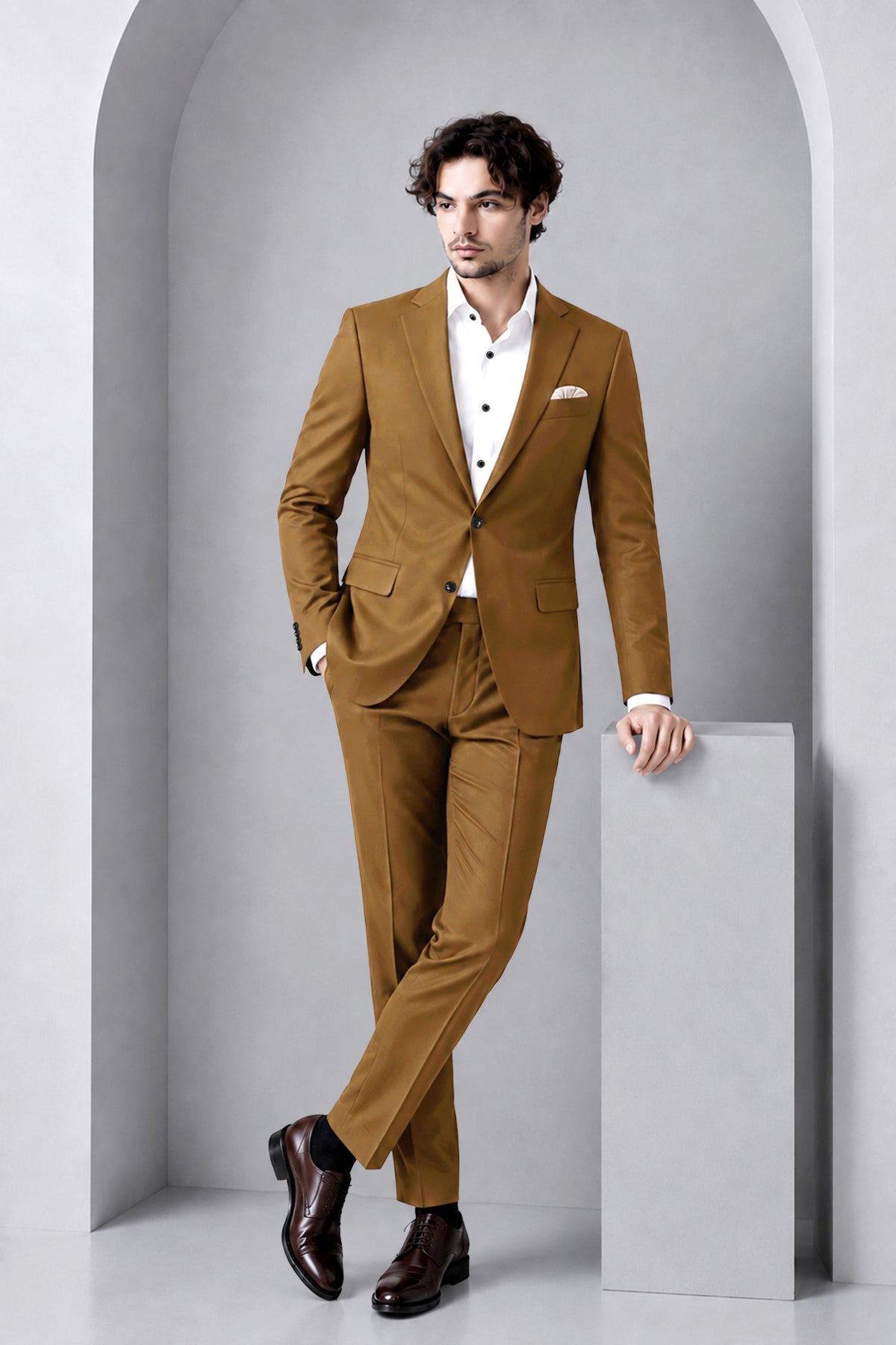Sartoro-Otter Brown Diamond Textured Wool Rich Slight Stretch Single Breasted Blazer