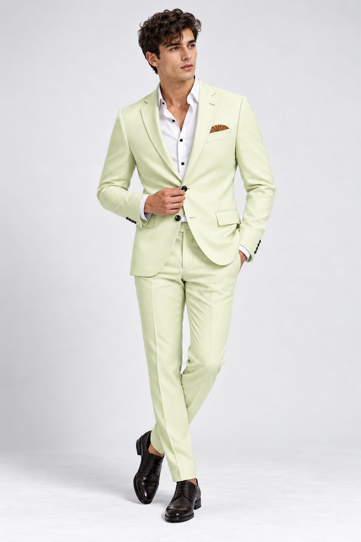 Verdant-Bud Green Diamond Textured Wool Rich Slight Stretch Single Breasted Blazer