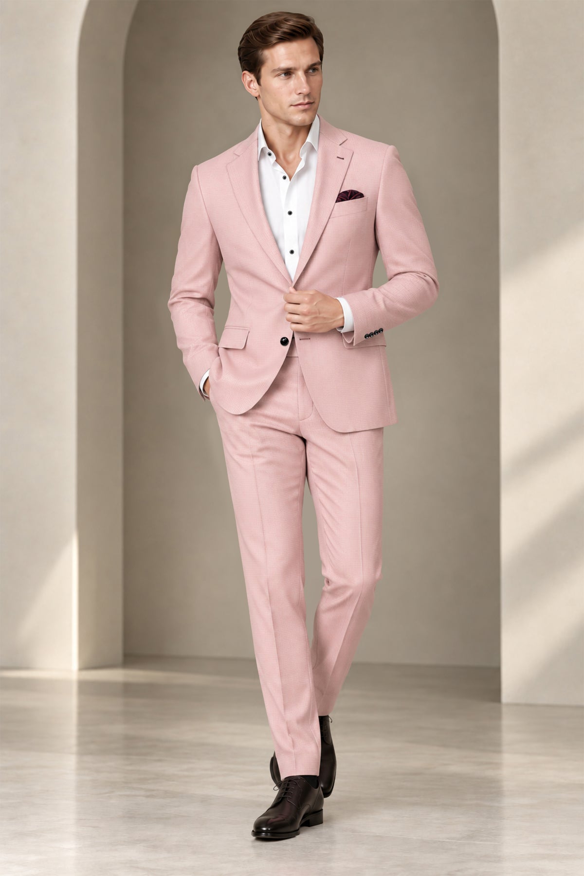 Blush-Cosmos Pink Diamond Textured Wool Rich Slight Stretch Single Breasted Blazer