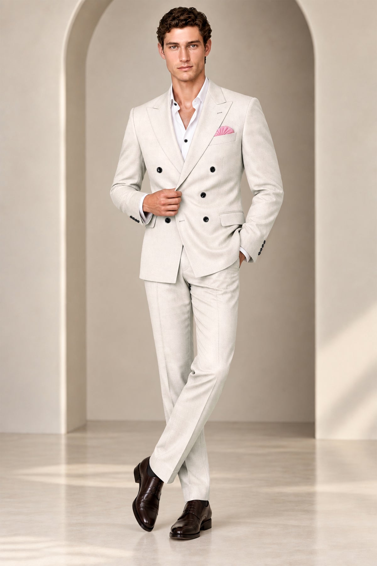 Dorian-Gainsboro Gray Diamond Textured Wool Rich Slight Stretch Double Breasted Blazer