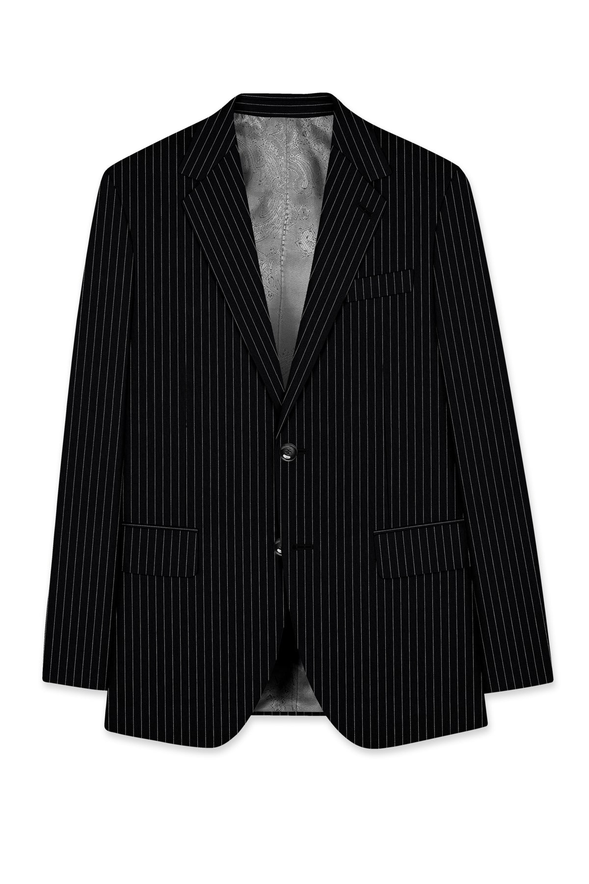Noble-Jade Black Chalk Striped Wool Rich Wrinkle-Free Fluid Drape Fabric Single Breasted Blazer