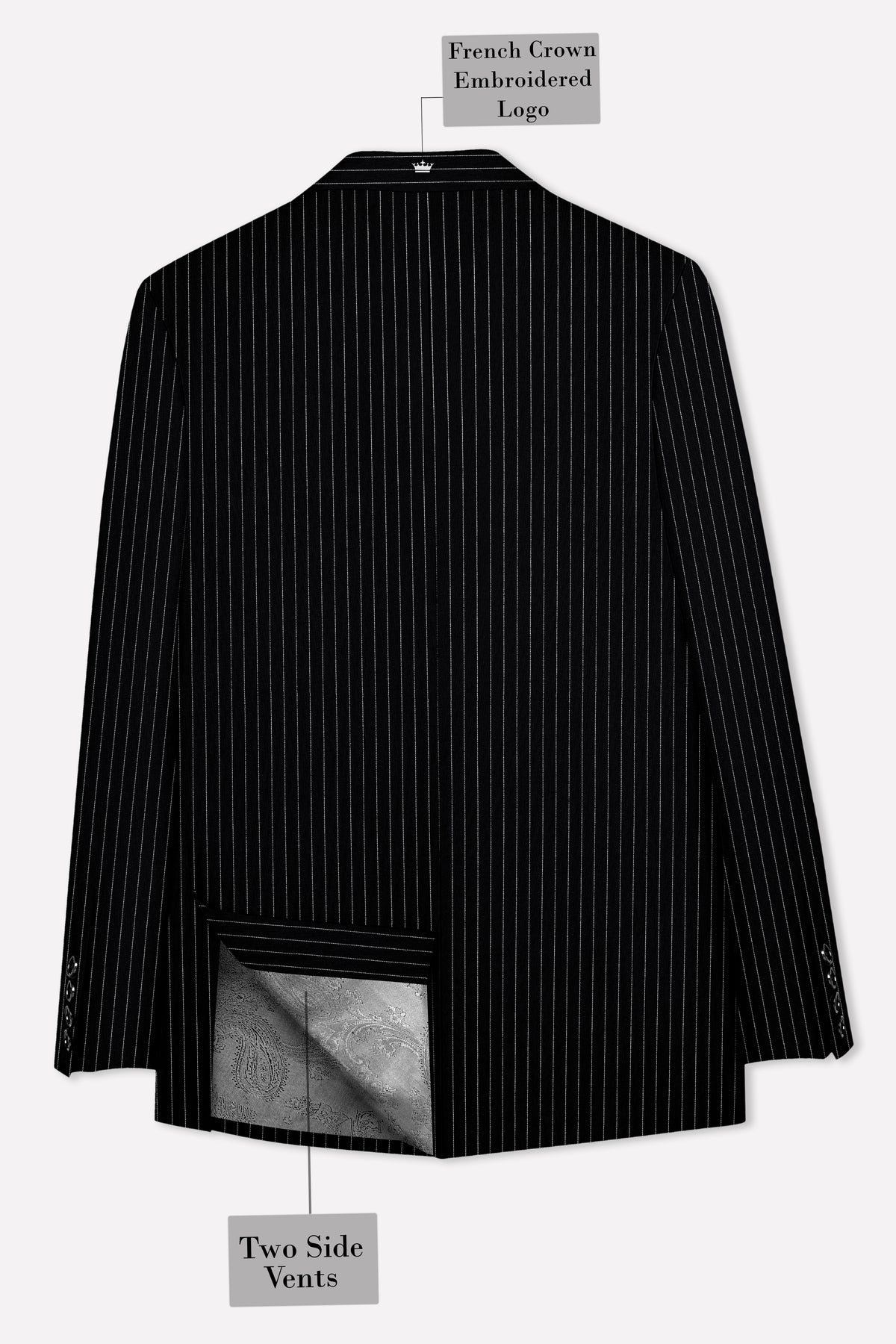 Noble-Jade Black Chalk Striped Wool Rich Wrinkle-Free Fluid Drape Fabric Double Breasted Blazer