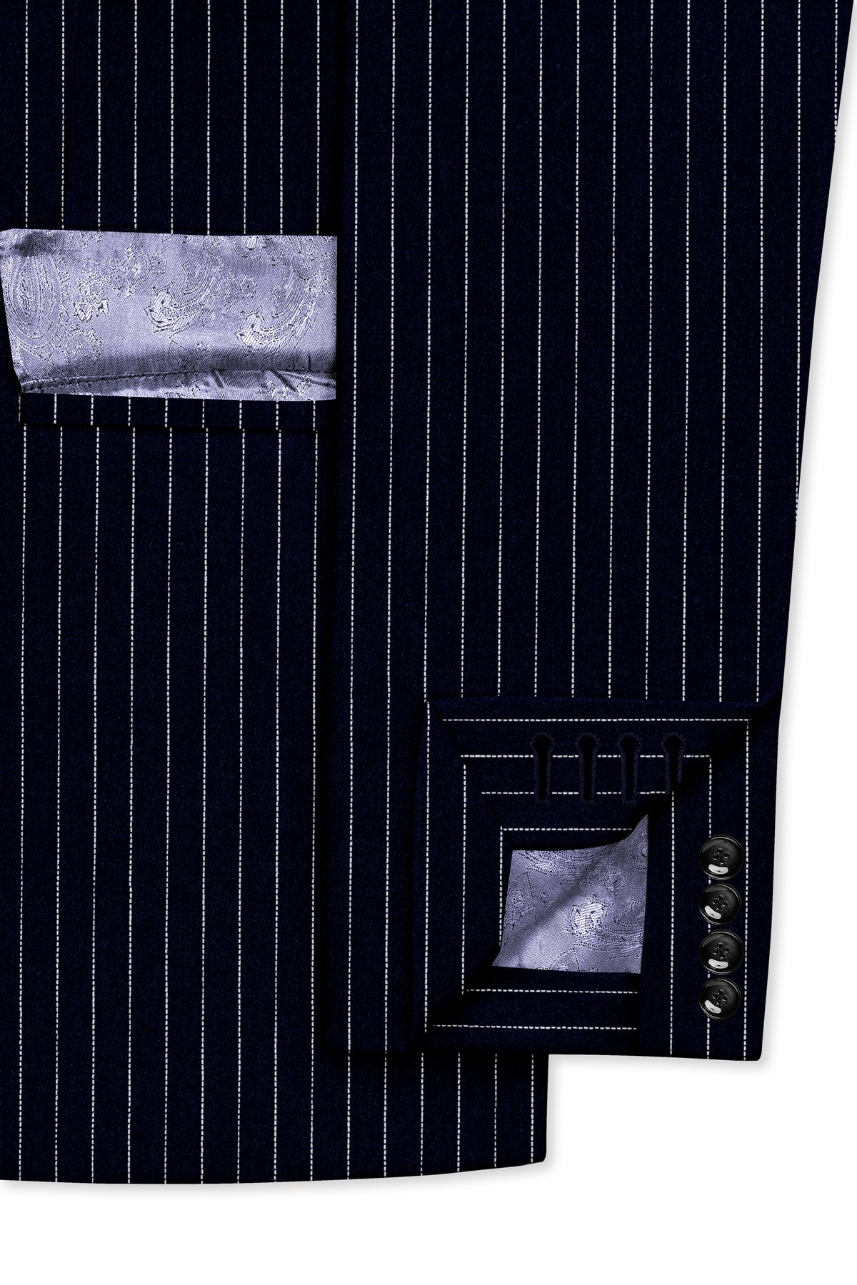 Windsor-Navy Blue Chalk Striped Wool Rich Wrinkle-Free Fluid Drape Fabric Double Breasted Blazer