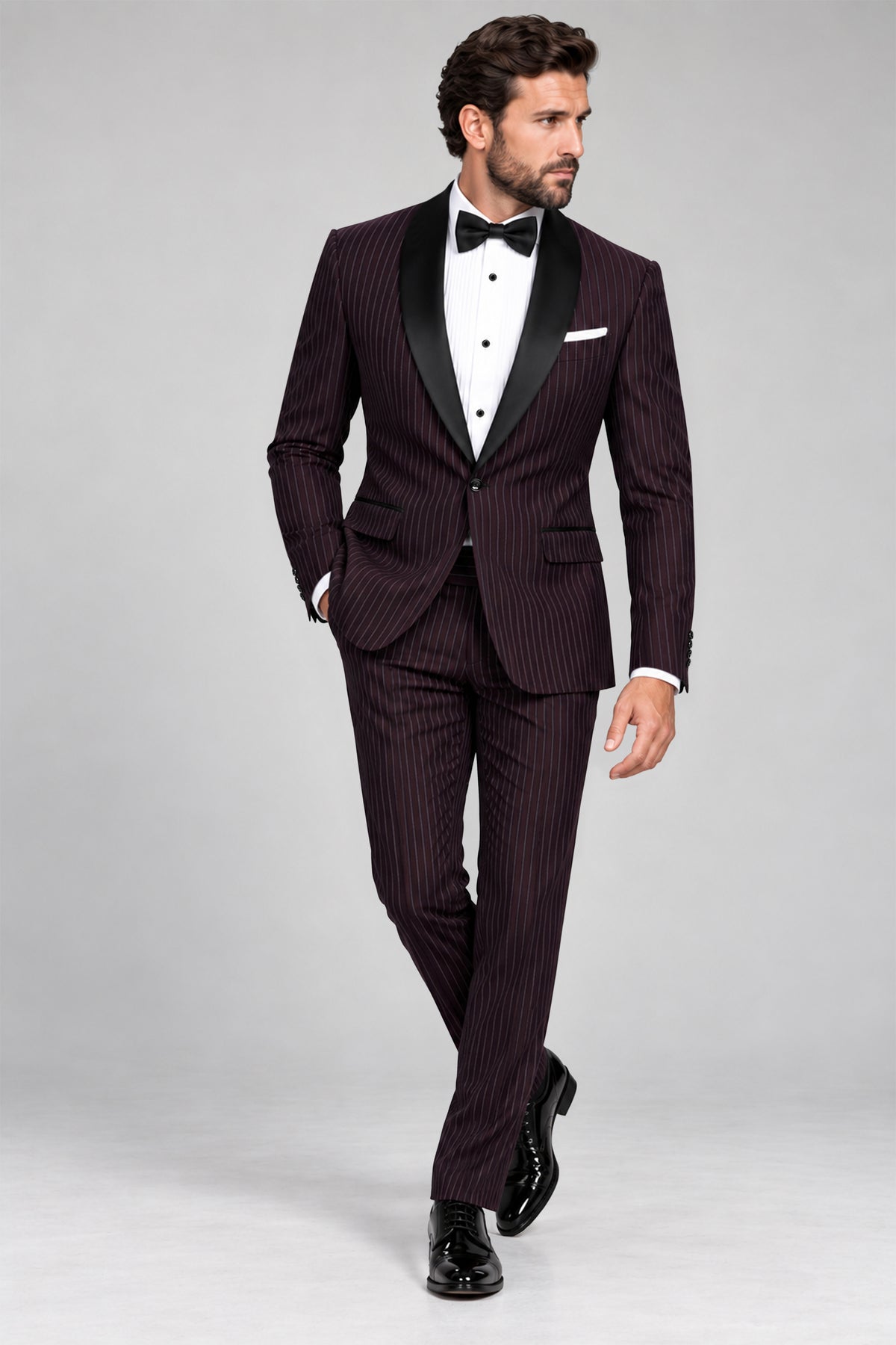 Vesper-Gondola Maroon Chalk Striped Wool Rich Wrinkle-Free Fluid Drape Fabric Tuxedo Blazer
