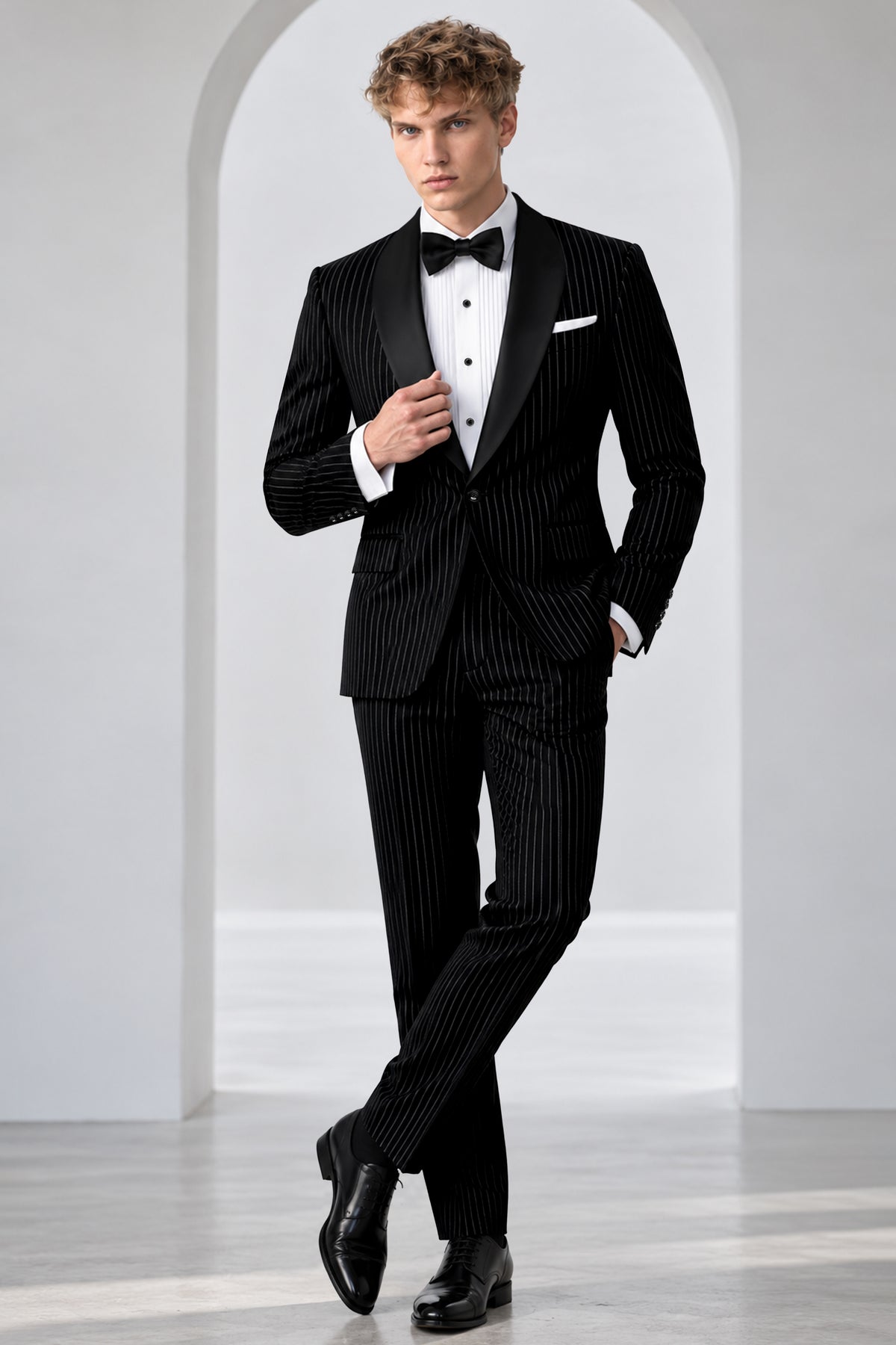 Noble-Jade Black Chalk Striped Wool Rich Wrinkle-Free Fluid Drape Fabric Tuxedo Blazer