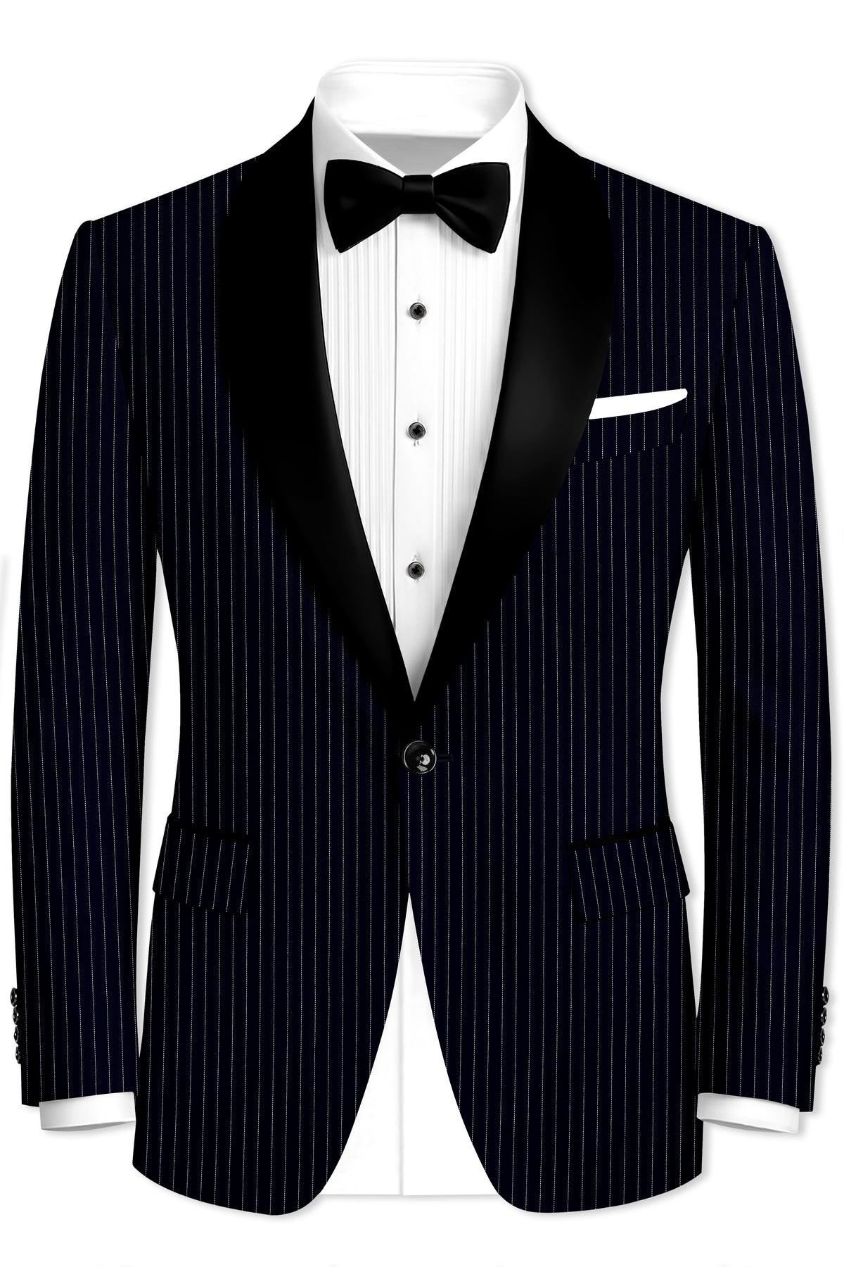 Windsor-Navy Blue Chalk Striped Wool Rich Wrinkle-Free Fluid Drape Fabric Tuxedo Blazer