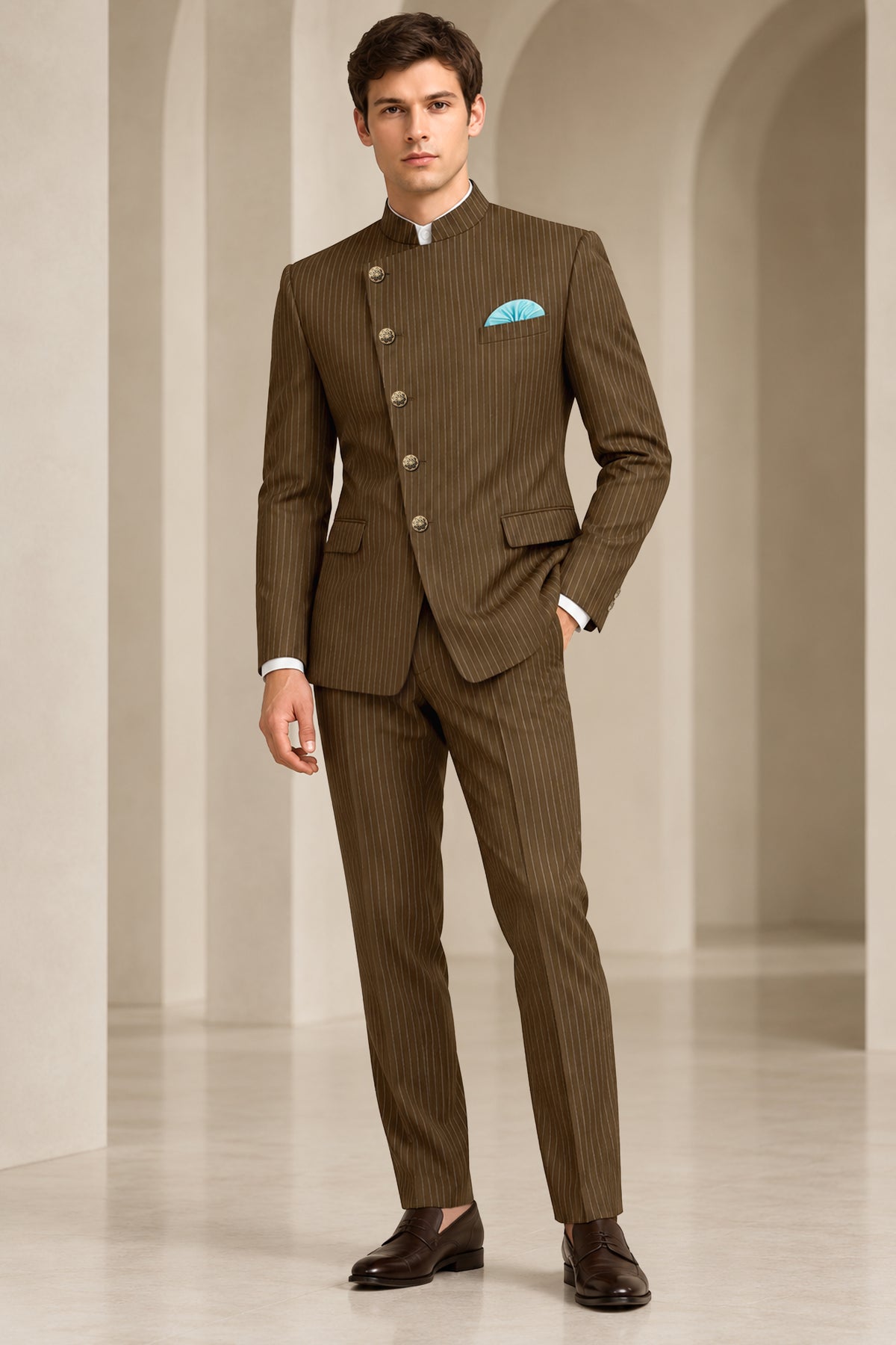 Sable-Antique Brown Chalk Striped Wool Rich Wrinkle-Free Fluid Drape Fabric Cross Bandhgala Blazer