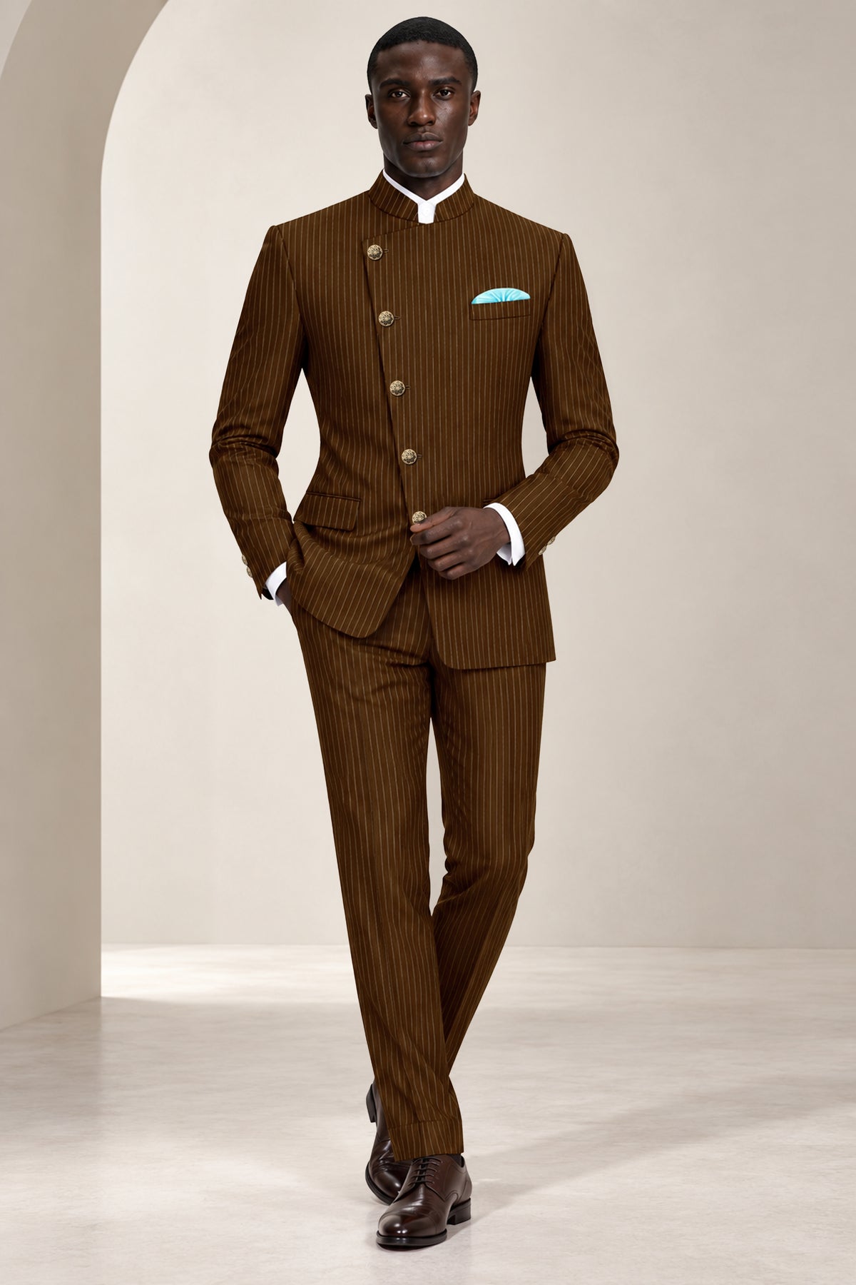 Everton-Clinker Brown Chalk Striped Wool Rich Wrinkle-Free Fluid Drape Fabric Cross Bandhgala Blazer