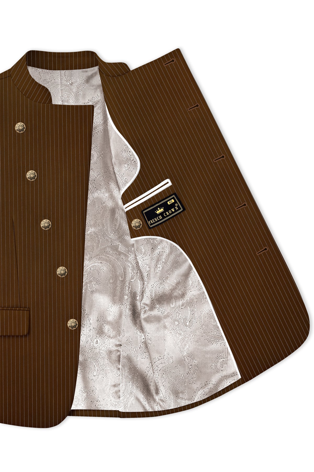 Everton-Clinker Brown Chalk Striped Wool Rich Wrinkle-Free Fluid Drape Fabric Cross Bandhgala Blazer