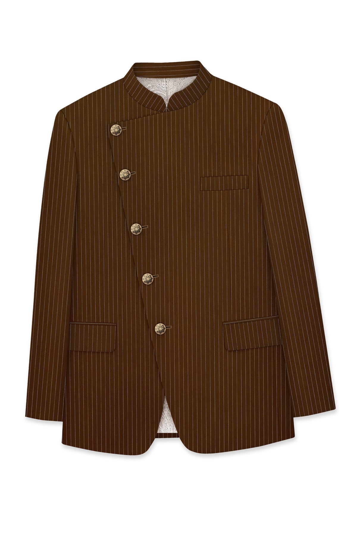 Everton-Clinker Brown Chalk Striped Wool Rich Wrinkle-Free Fluid Drape Fabric Cross Bandhgala Blazer