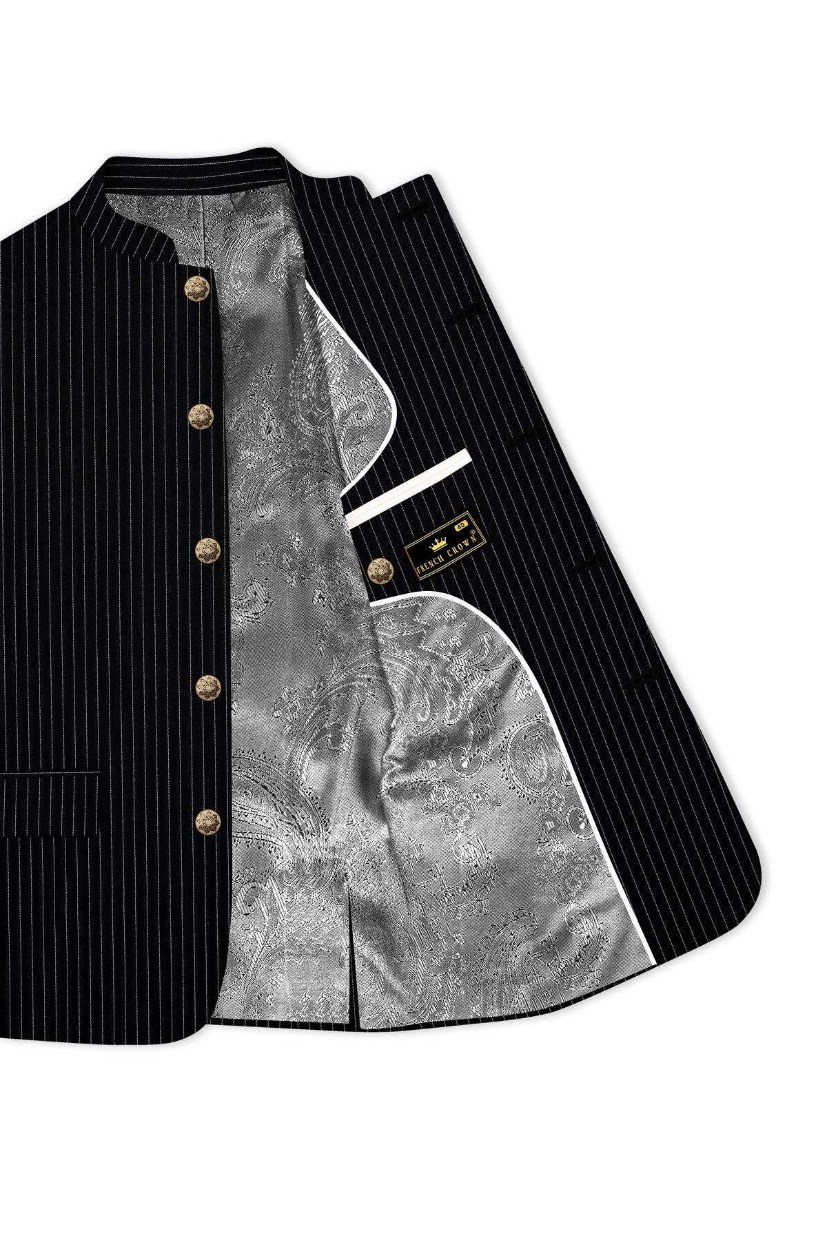 Noble-Jade Black Chalk Striped Wool Rich Wrinkle-Free Fluid Drape Fabric Bandhgala Blazer