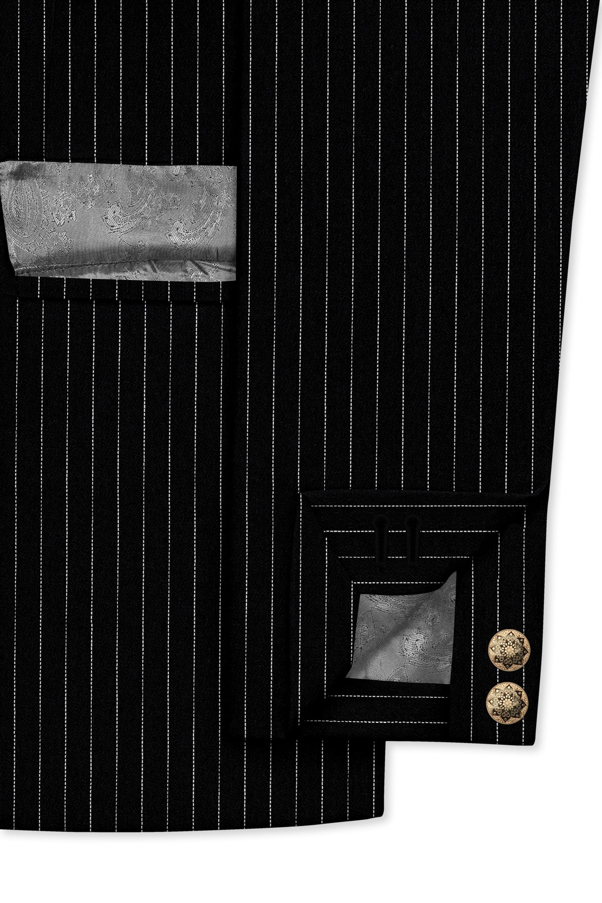 Noble-Jade Black Chalk Striped Wool Rich Wrinkle-Free Fluid Drape Fabric Bandhgala Blazer