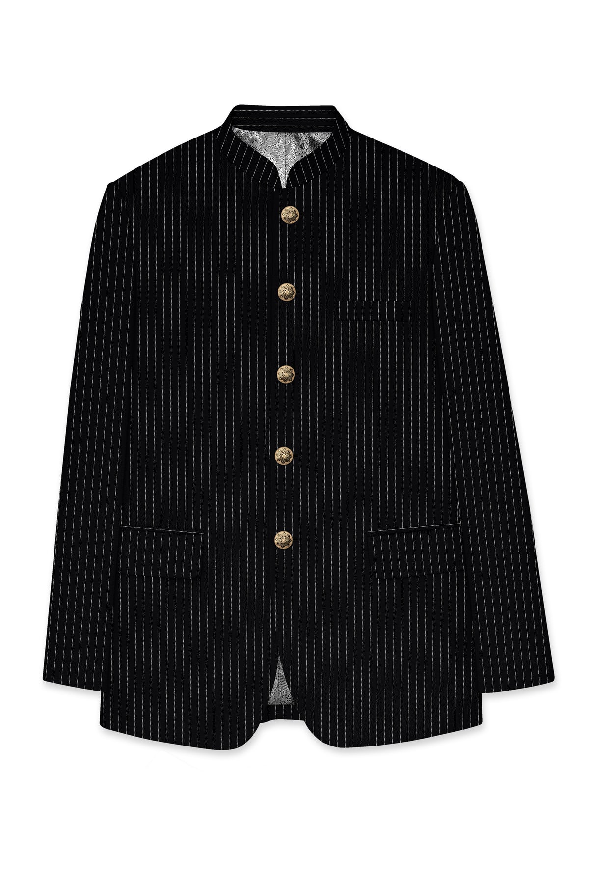 Noble-Jade Black Chalk Striped Wool Rich Wrinkle-Free Fluid Drape Fabric Bandhgala Blazer