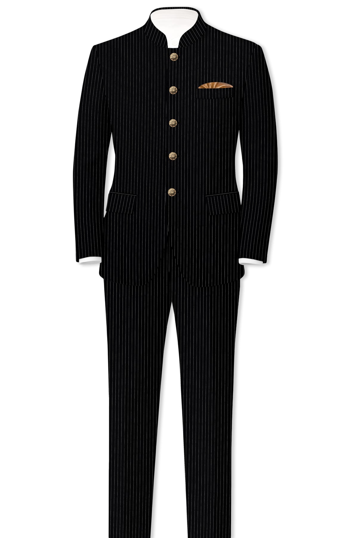 Noble-Jade Black Chalk Striped Wool Rich Wrinkle-Free Fluid Drape Fabric Bandhgala Blazer