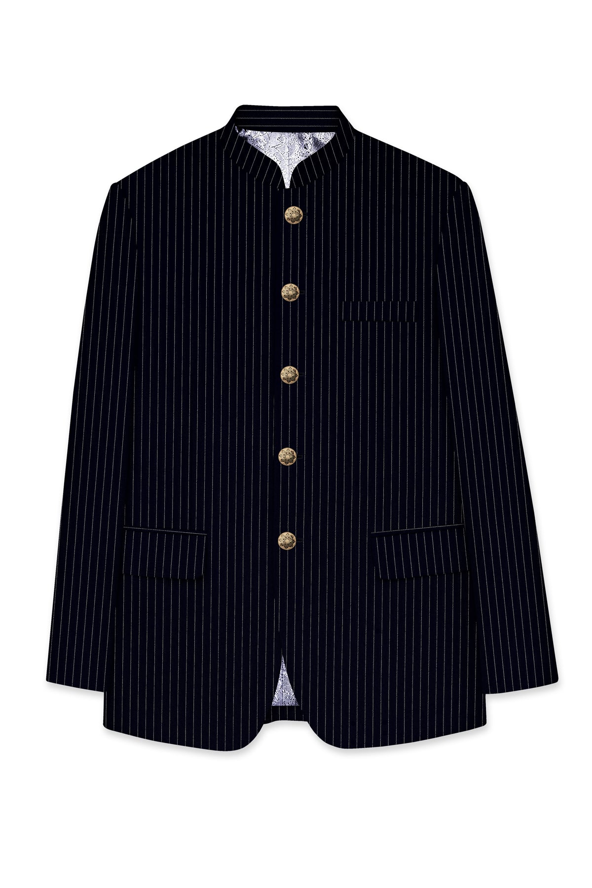 Windsor-Navy Blue Chalk Striped Wool Rich Wrinkle-Free Fluid Drape Fabric Bandhgala Blazer