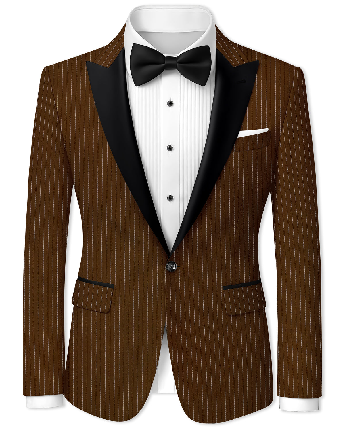 Everton-Clinker Brown Chalk Striped Wool Rich Wrinkle-Free Fluid Drape Fabric Peak Lapel Tuxedo Blazer