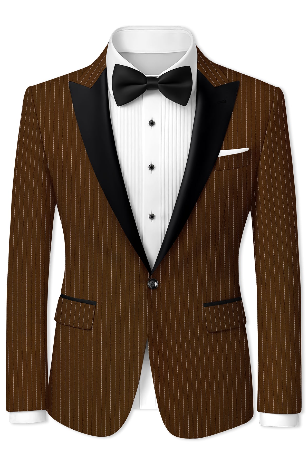 Everton-Clinker Brown Chalk Striped Wool Rich Wrinkle-Free Fluid Drape Fabric Peak Lapel Tuxedo Blazer