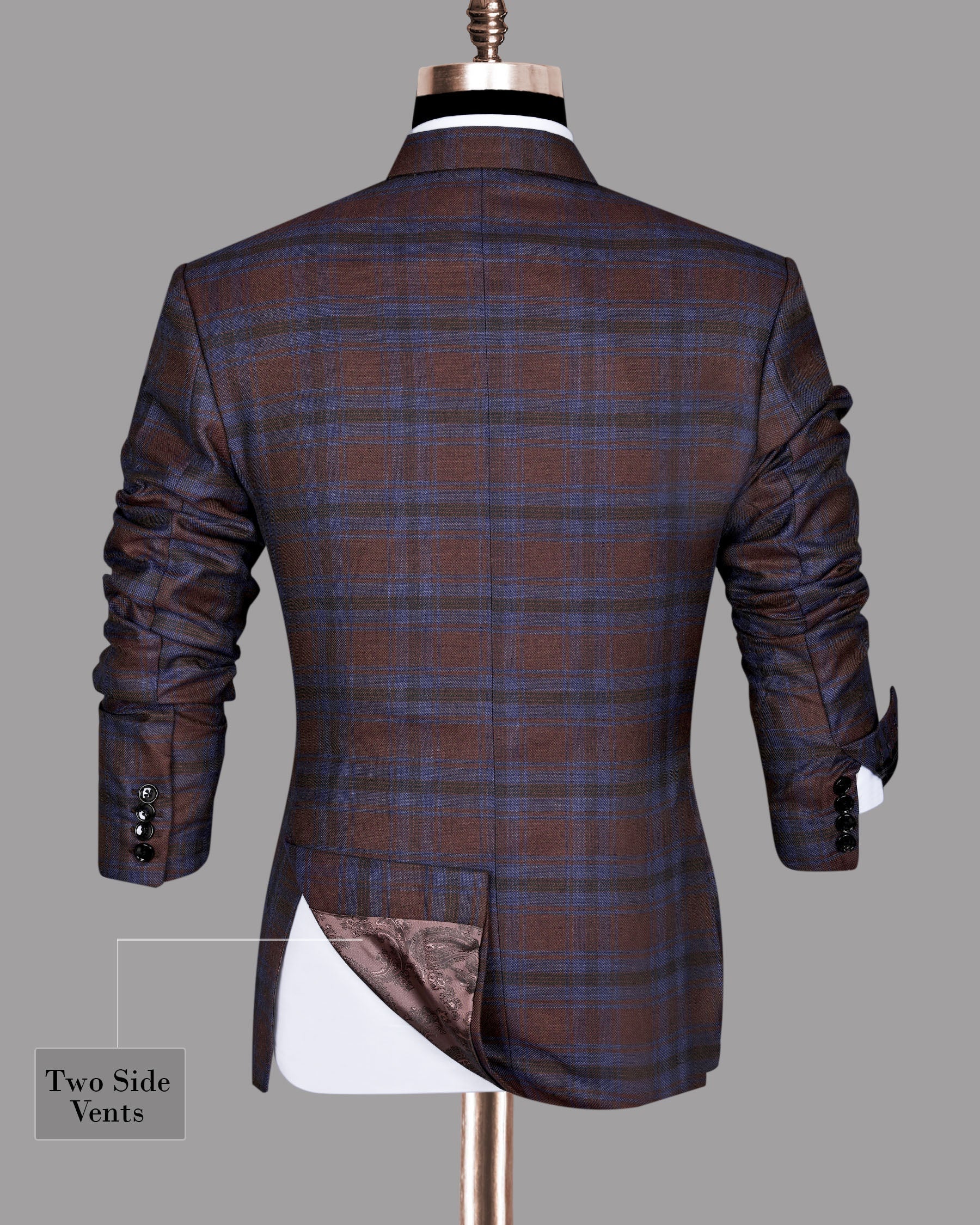 Maroon with Royal Blue Plaid Striped Wool Tweed Blazer