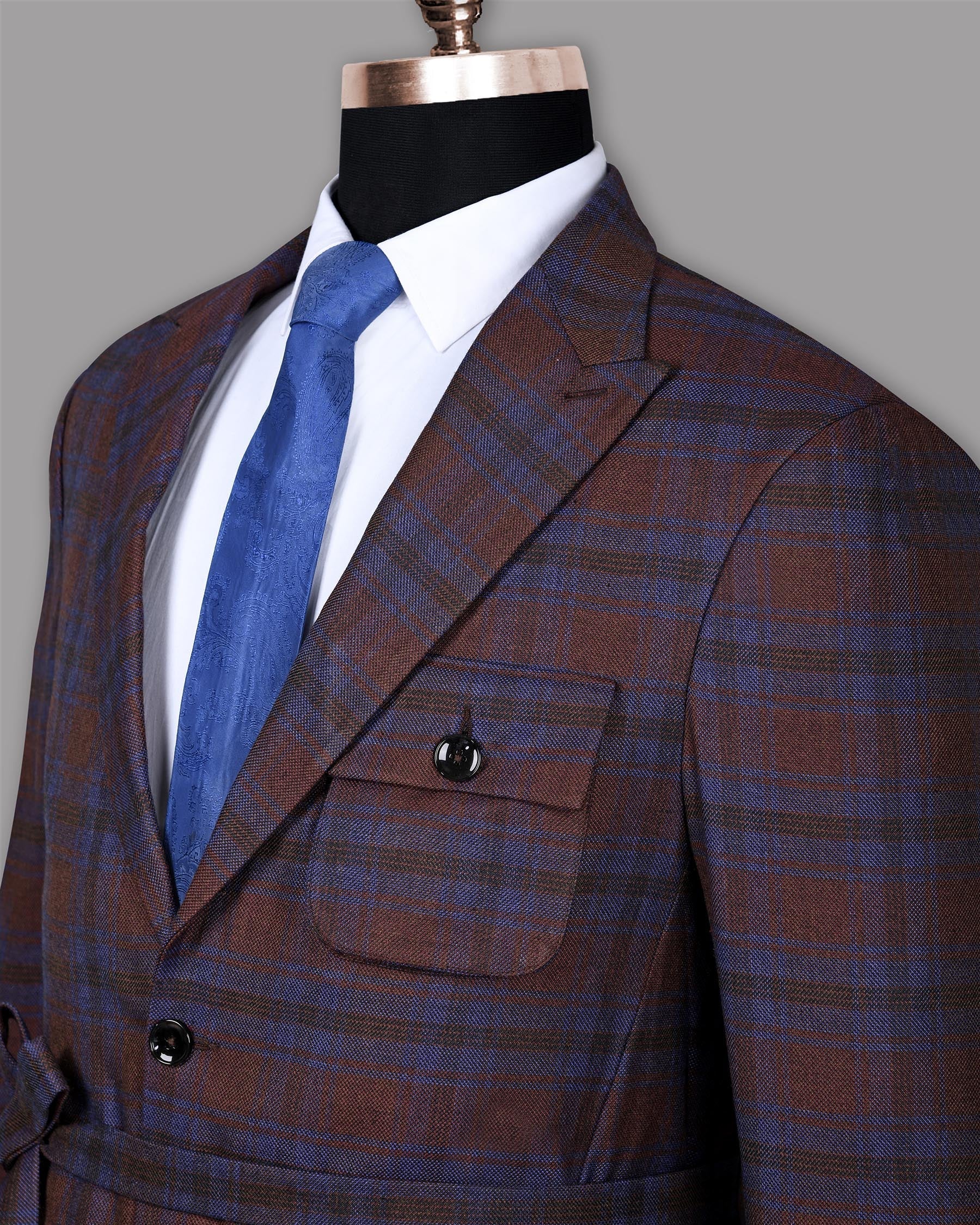 Maroon with Royal Blue Plaid Striped Wool Tweed Blazer