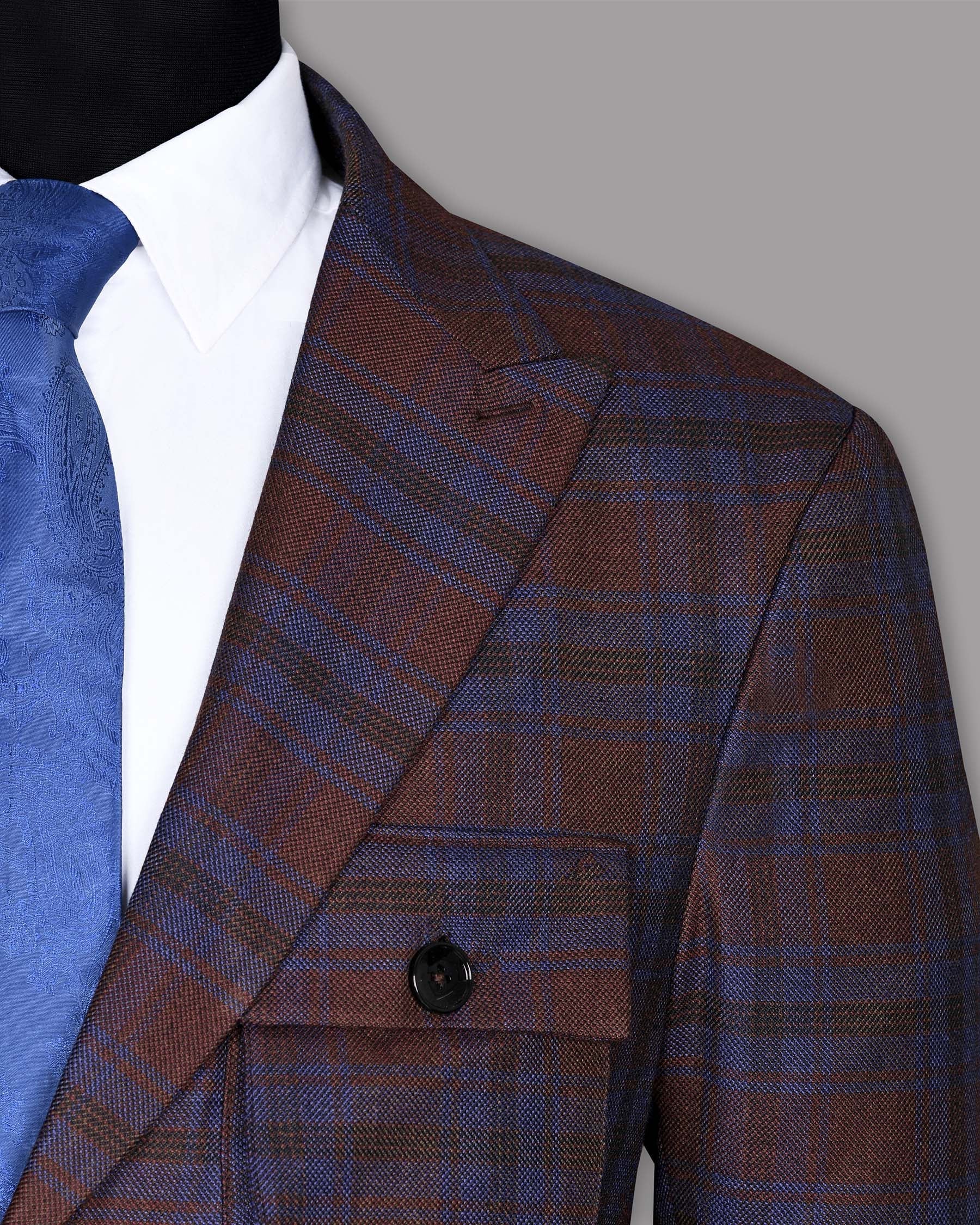Maroon with Royal Blue Plaid Striped Wool Tweed Blazer