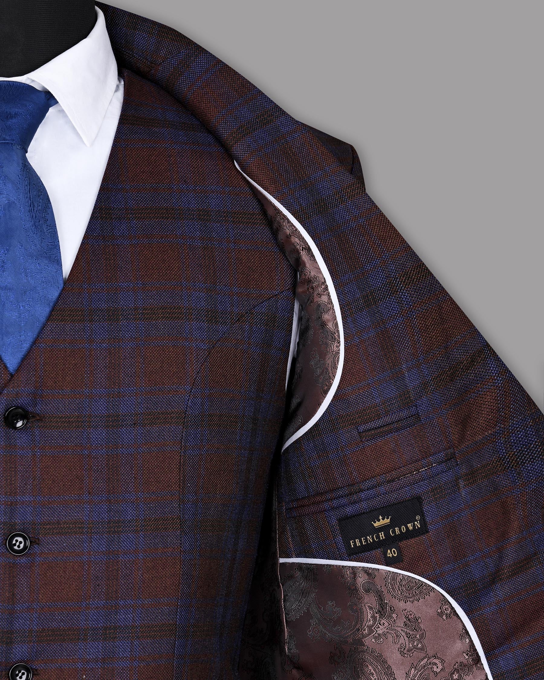 Maroon with Royal Blue Plaid Striped Wool Tweed Blazer
