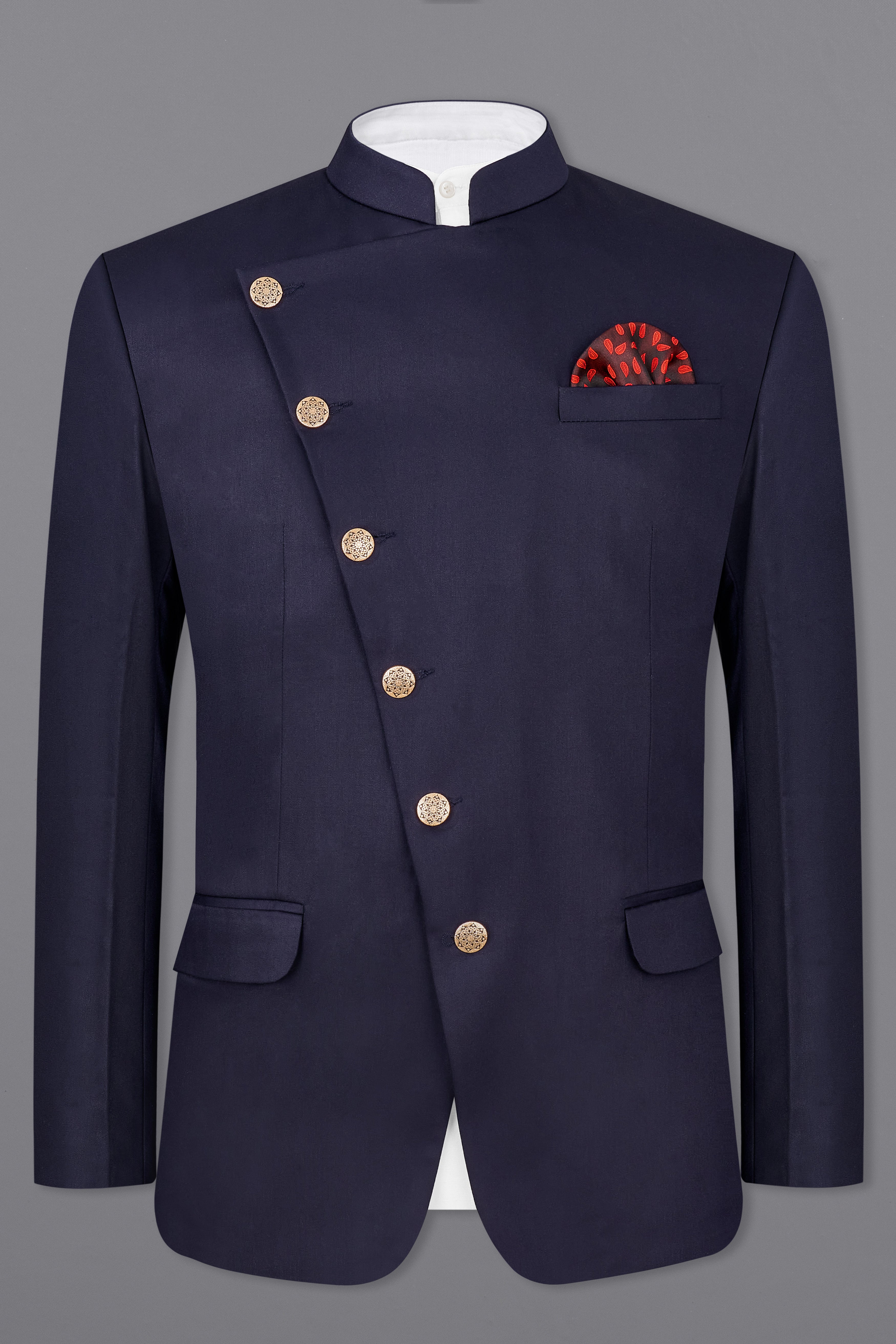 Navy Subtle Sheen Cross Placket Bandhgala Mandarin Wool Silk blend Blazer