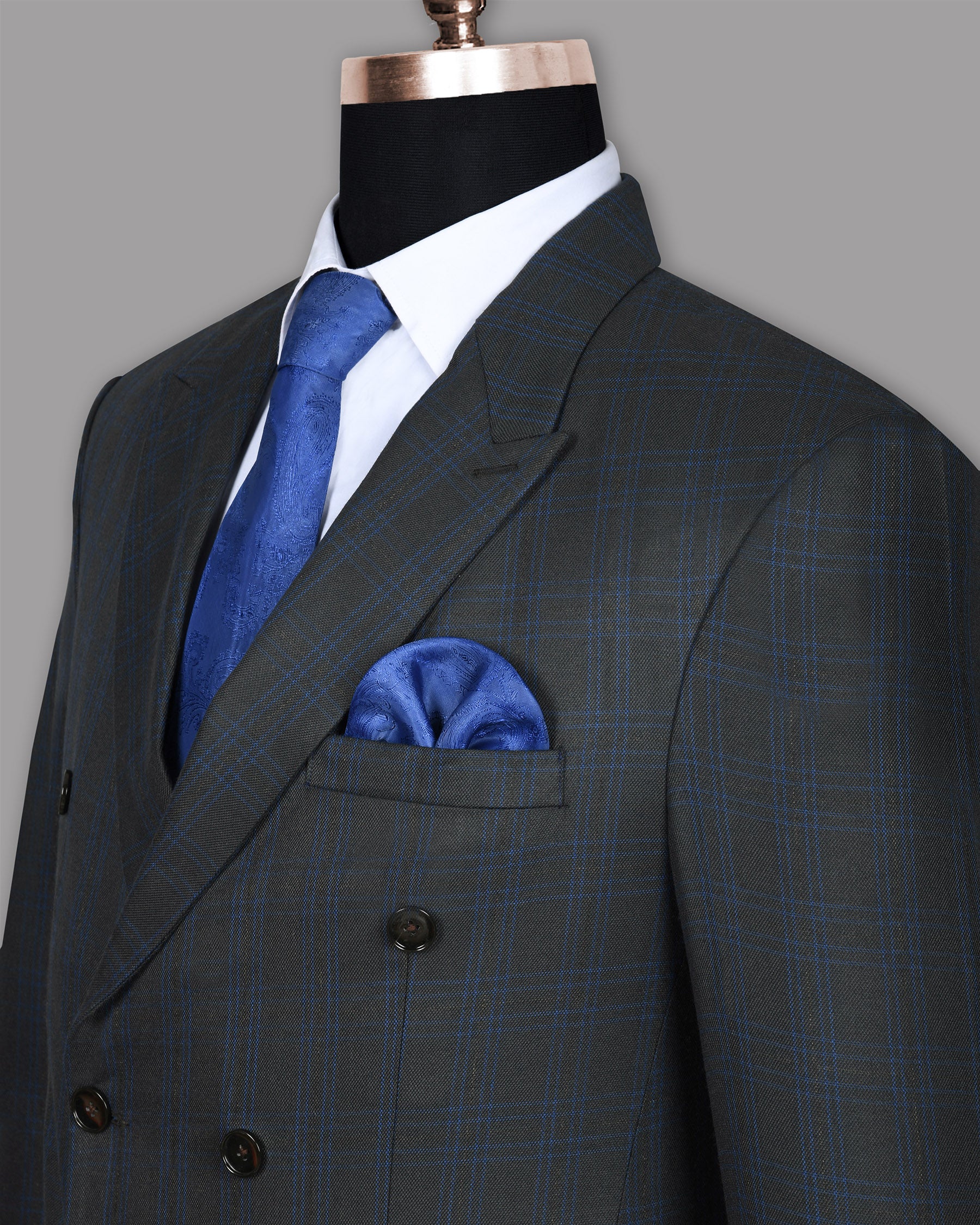 Charcoal with Blue windowpane Wool Double Breasted Blazer