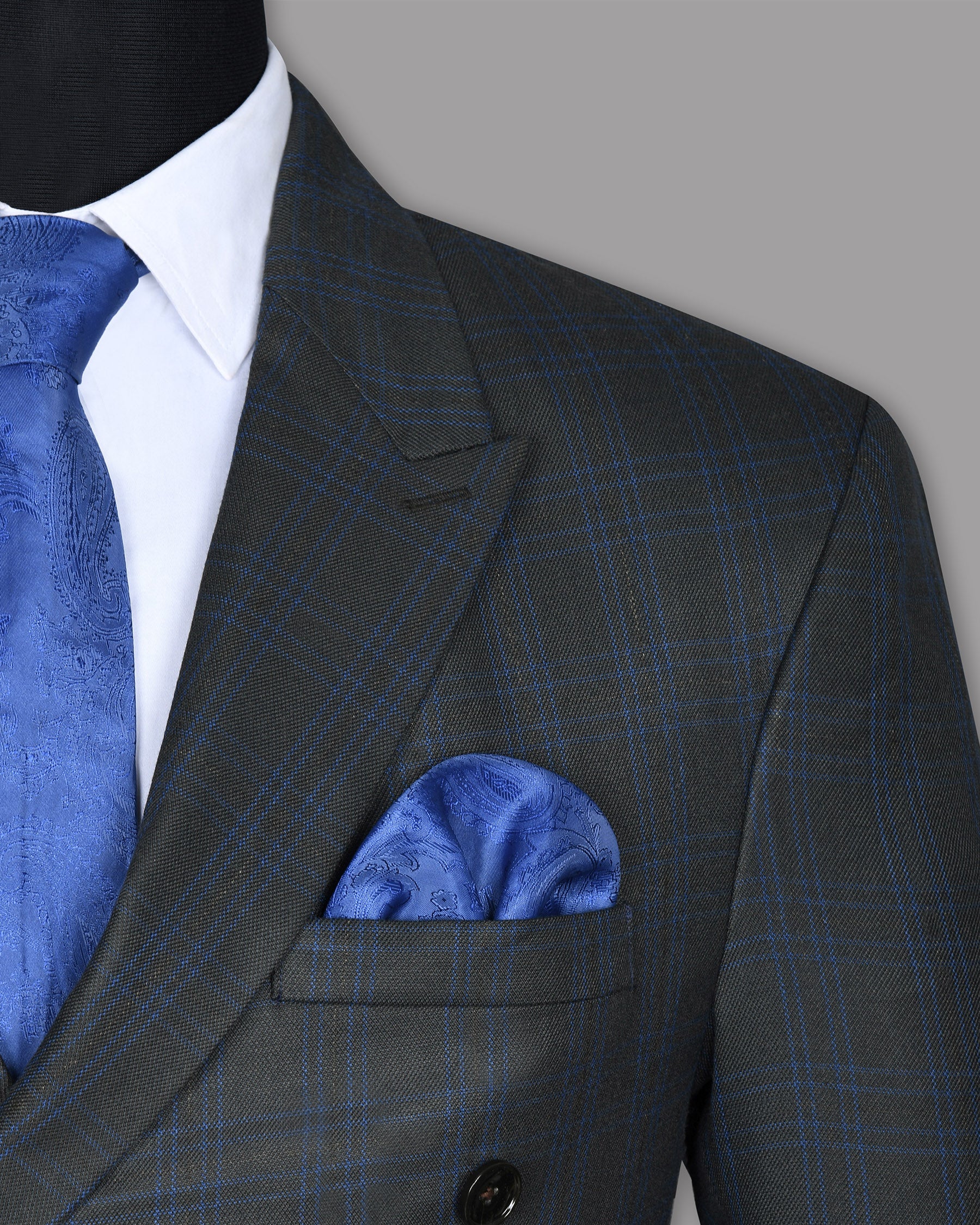 Charcoal with Blue windowpane Wool Double Breasted Blazer