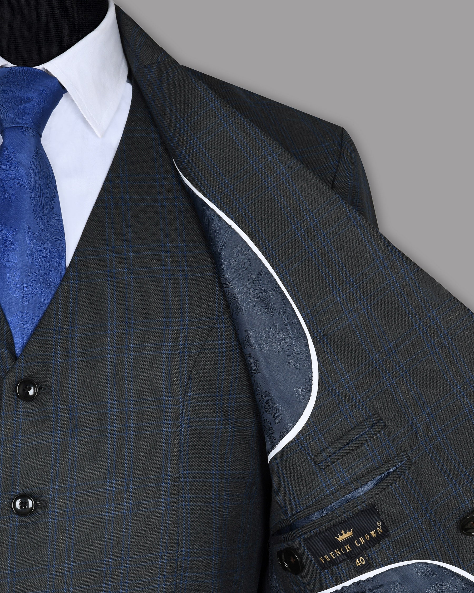 Charcoal with Blue windowpane Wool Double Breasted Blazer