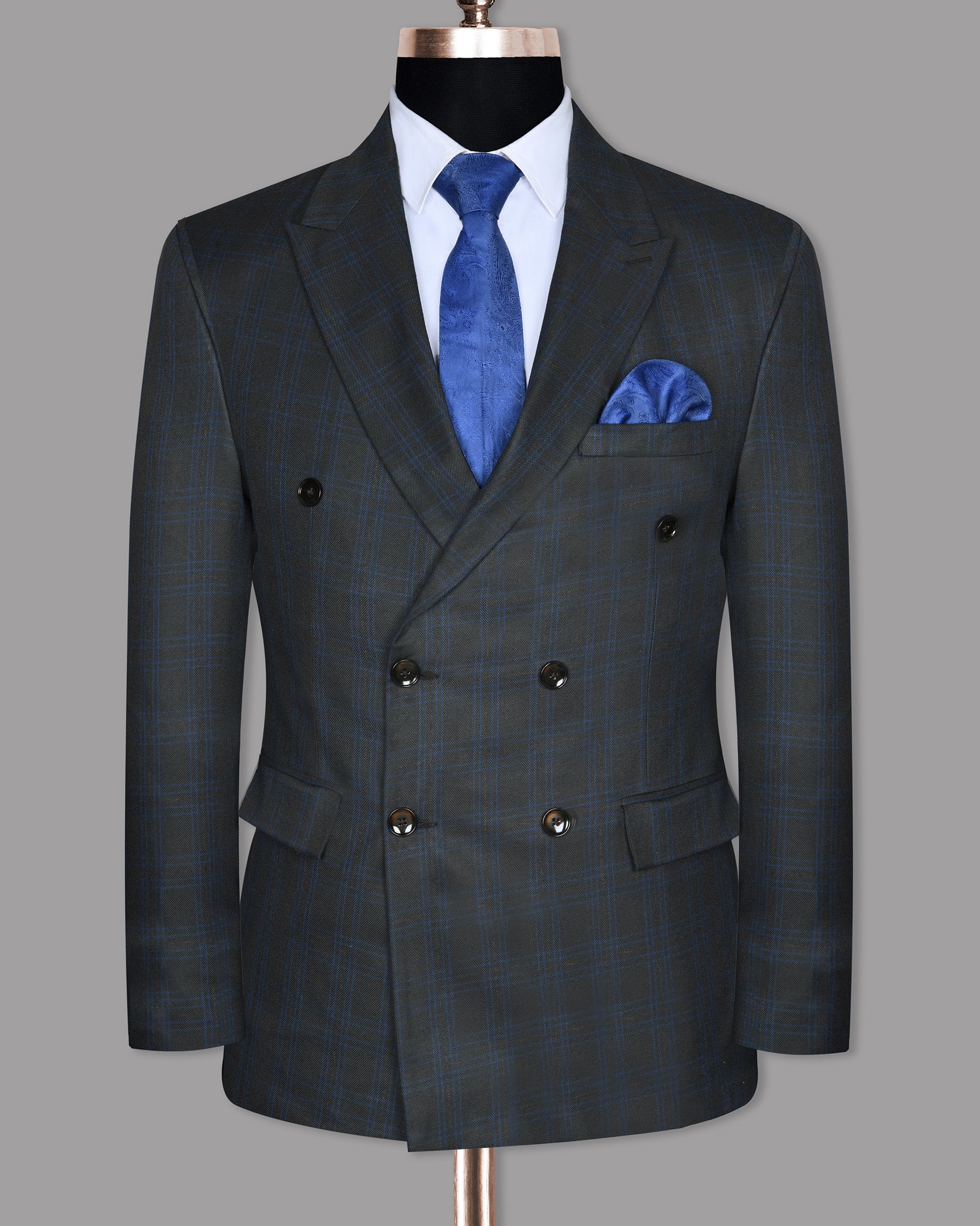 Charcoal with Blue windowpane Wool Double Breasted Blazer