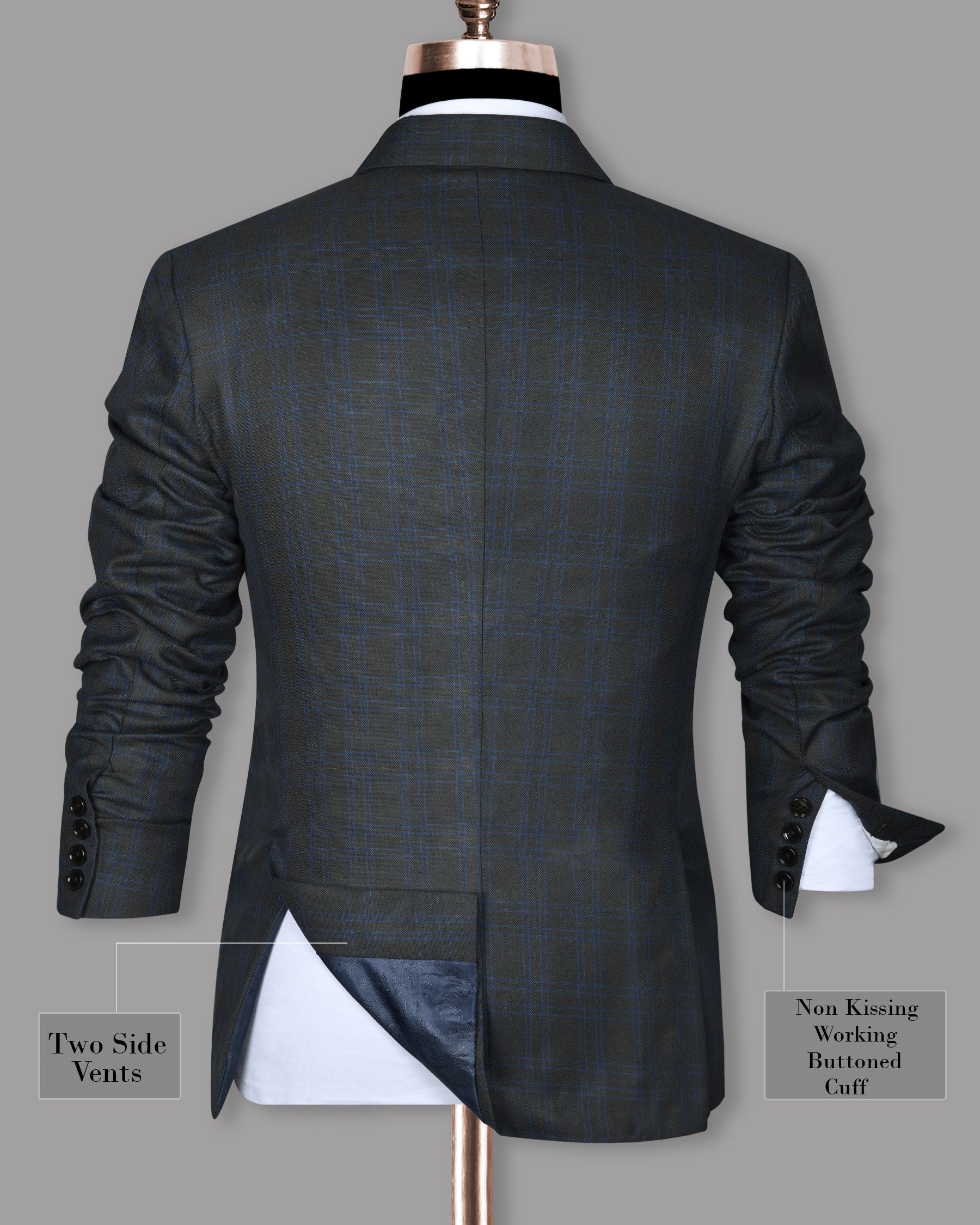 Charcoal with Blue windowpane Wool Double Breasted Blazer