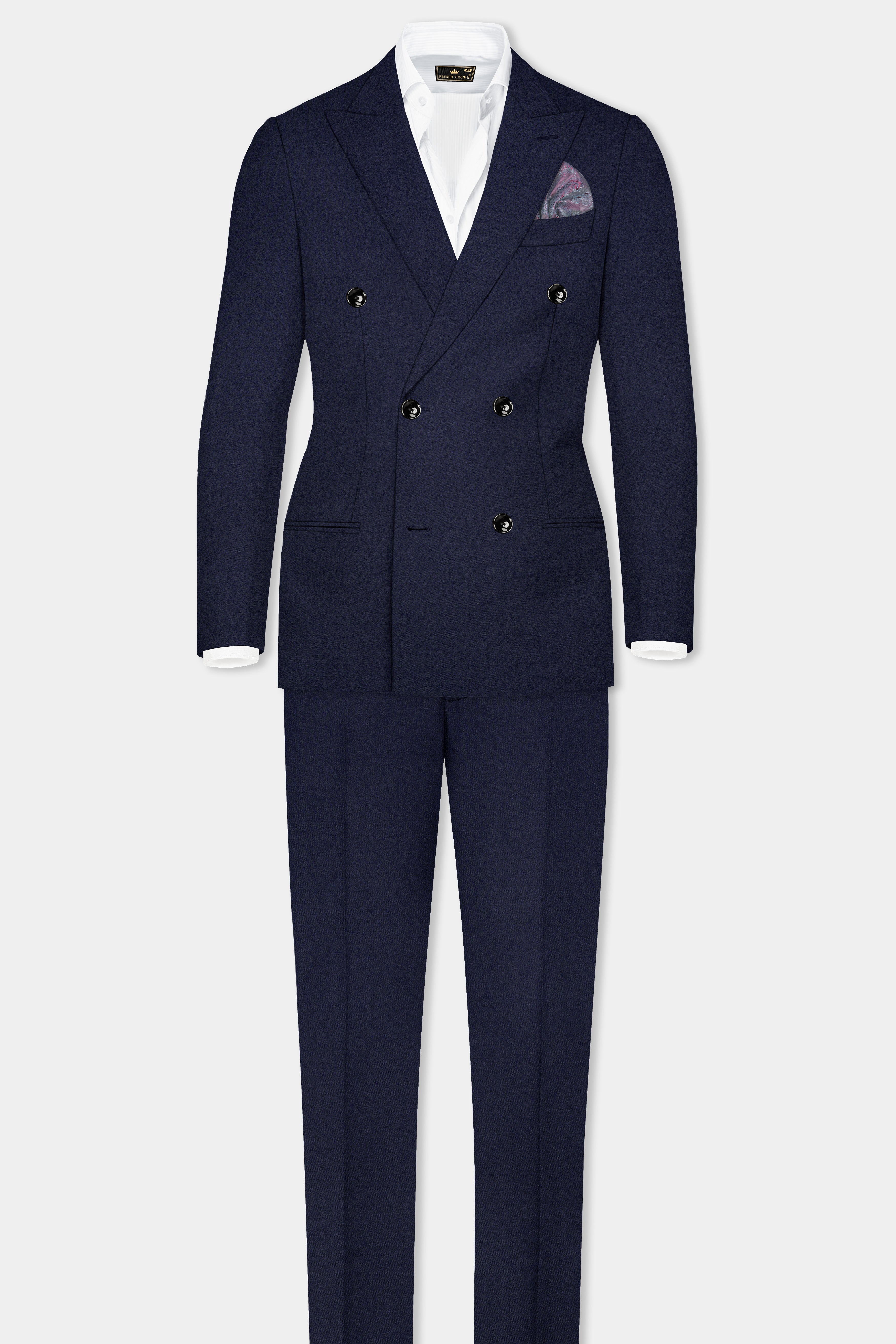 Navy Subtle Textured Wool Rich Double Breasted Blazer