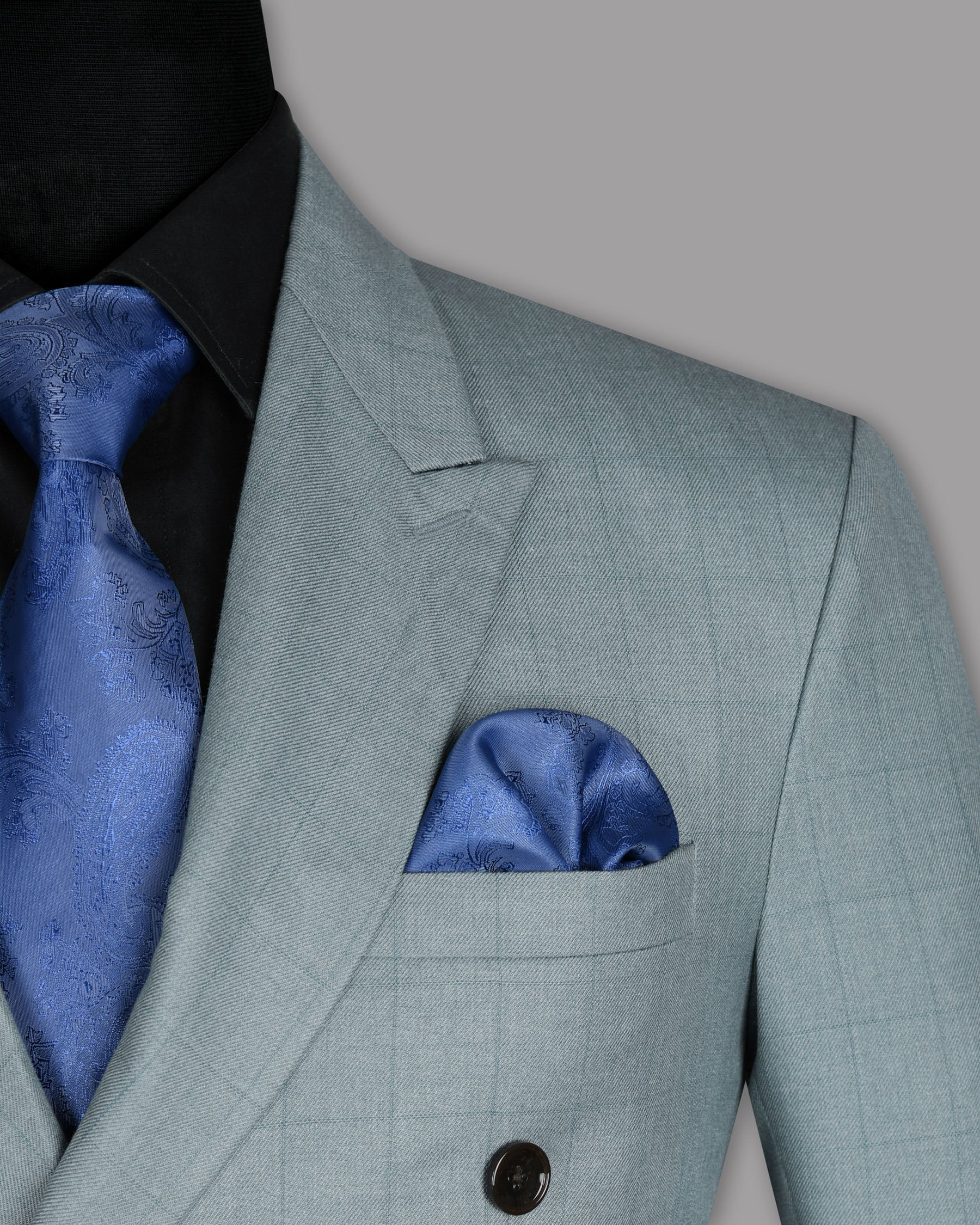 Light Grey Subtle Windowpane Wool Rich Double Breasted Blazer