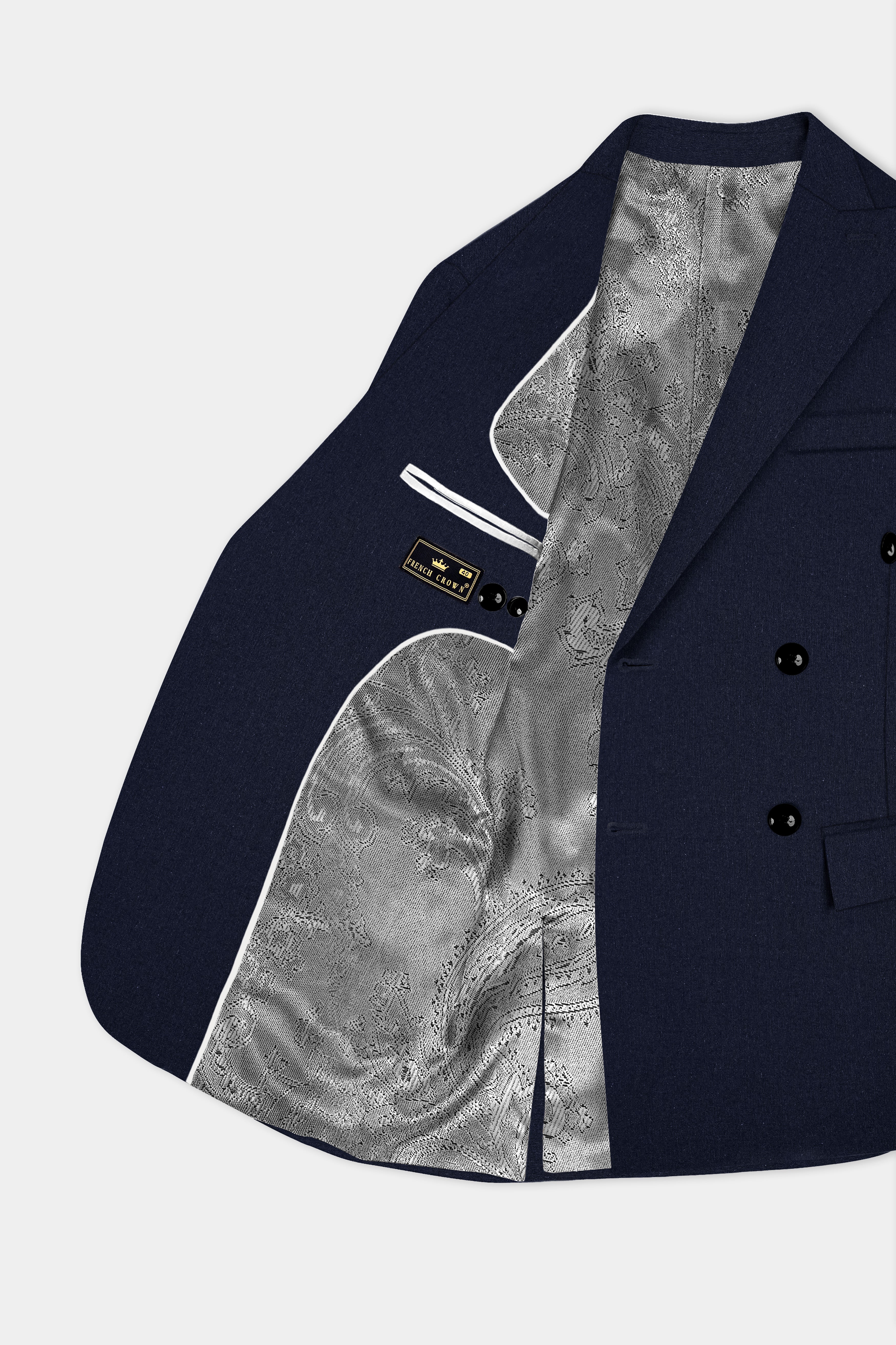 Navy Diamond Textured Wool Rich Double Breasted Blazer