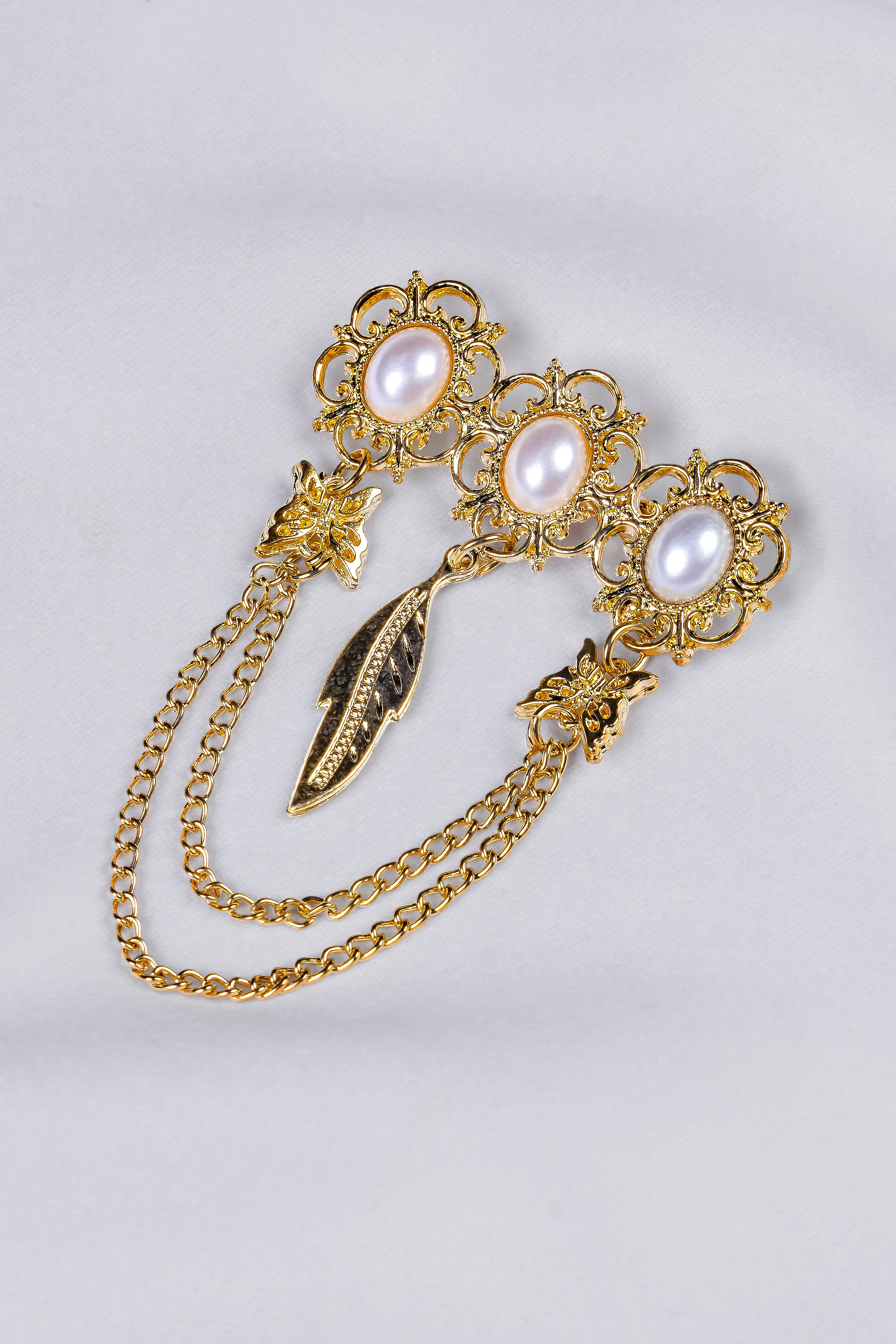 Pearl And Feather Butterflies Gold Tone Designer Brooch