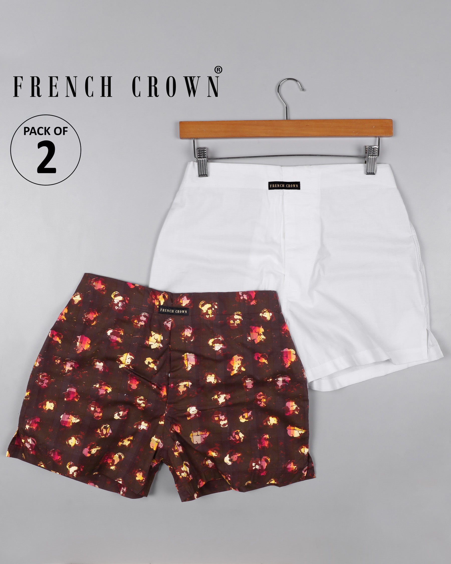 Bright White Dobby and Crater Brown Printed Premium Cotton Boxers