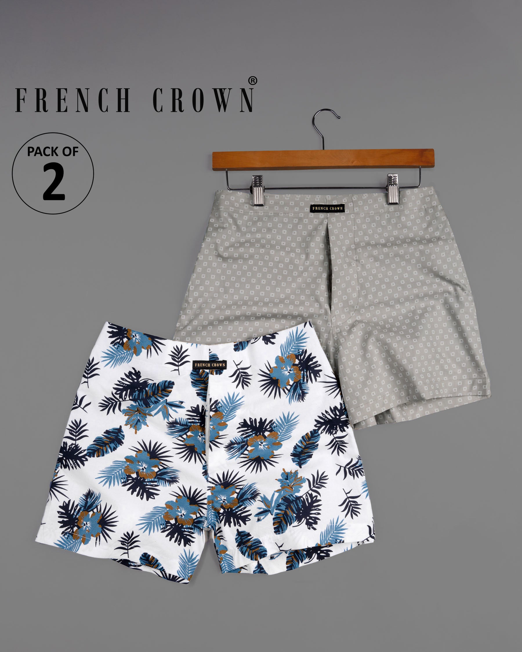 Bright White and Baltic Sea Tropical Printed Twill with Martini Gray Printed Oxford Boxers