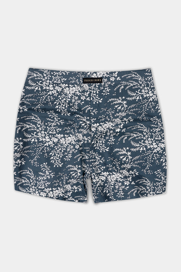 Limed Spruce Blue With White Flower Printed Premium Cotton Boxer