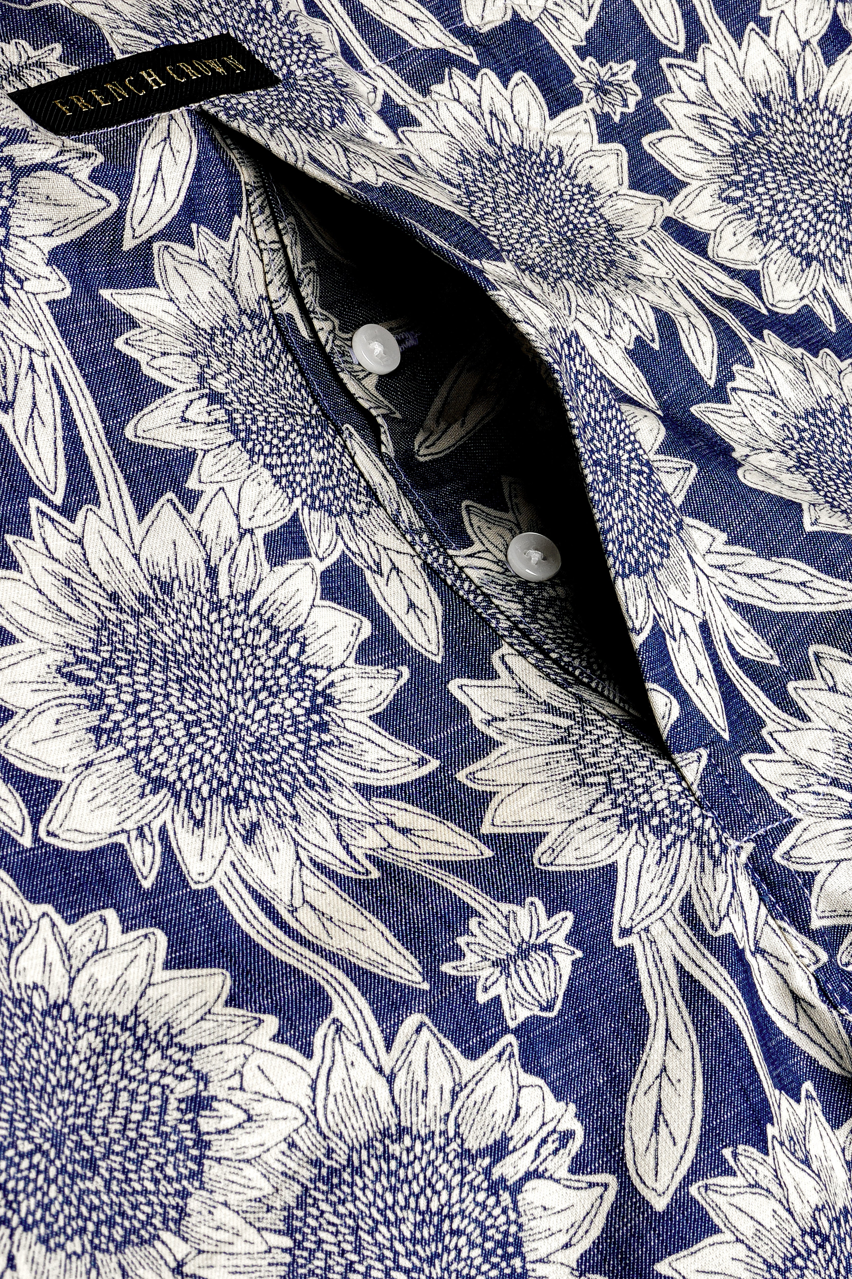 Ebony Blue And Mercury Cream Sunflower Printed Chambray Premium Cotton Boxer
