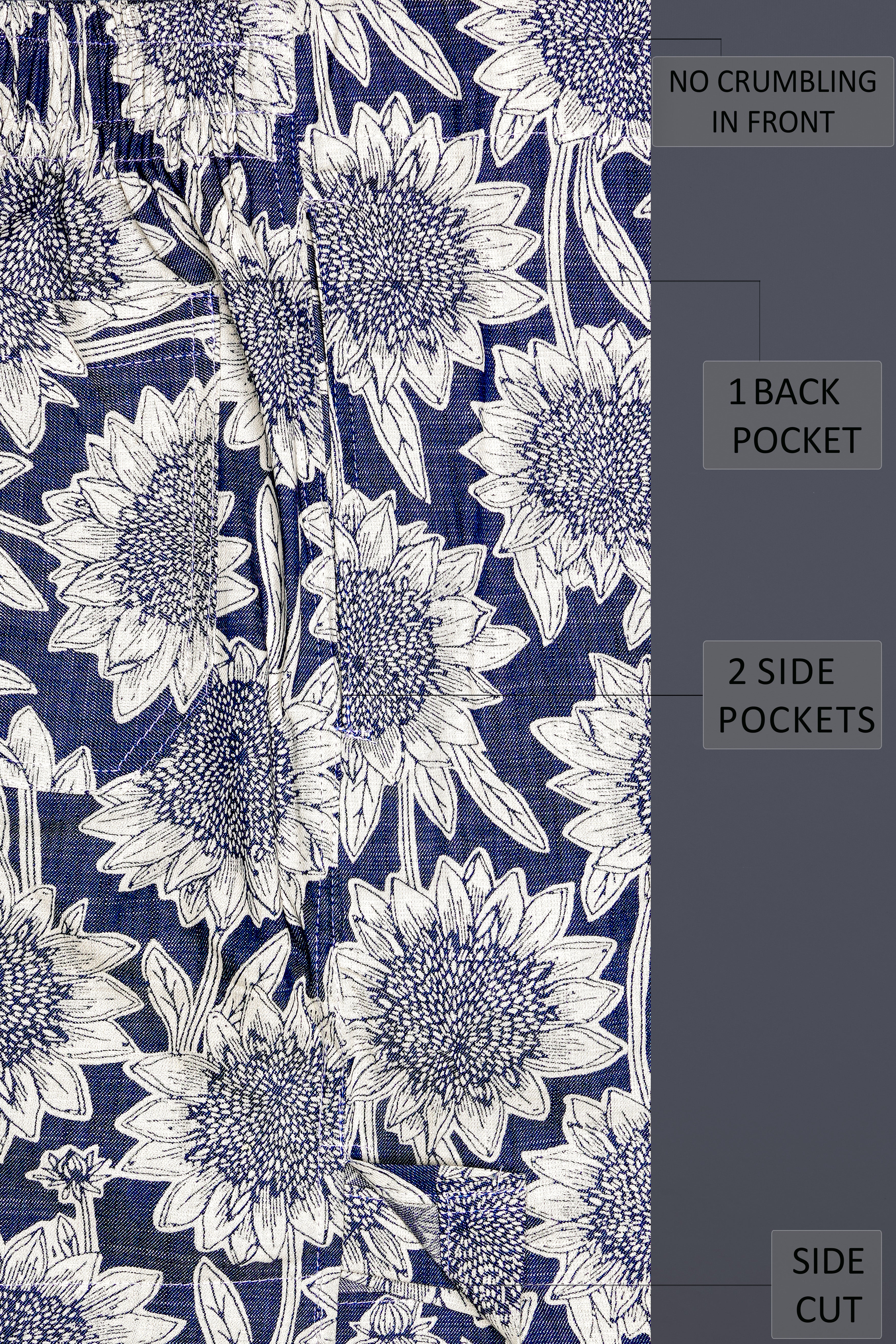 Ebony Blue And Mercury Cream Sunflower Printed Chambray Premium Cotton Boxer
