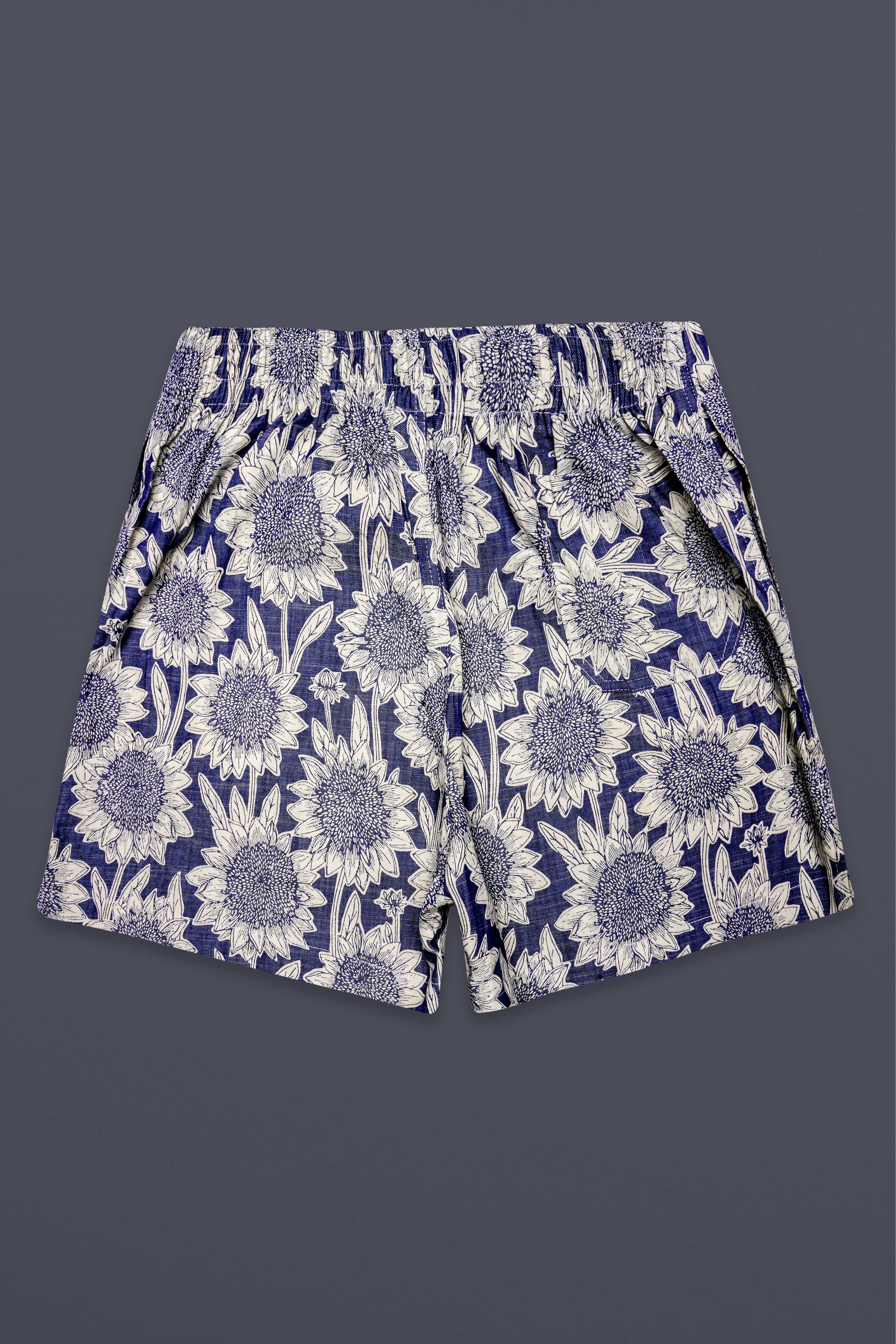 Ebony Blue And Mercury Cream Sunflower Printed Chambray Premium Cotton Boxer